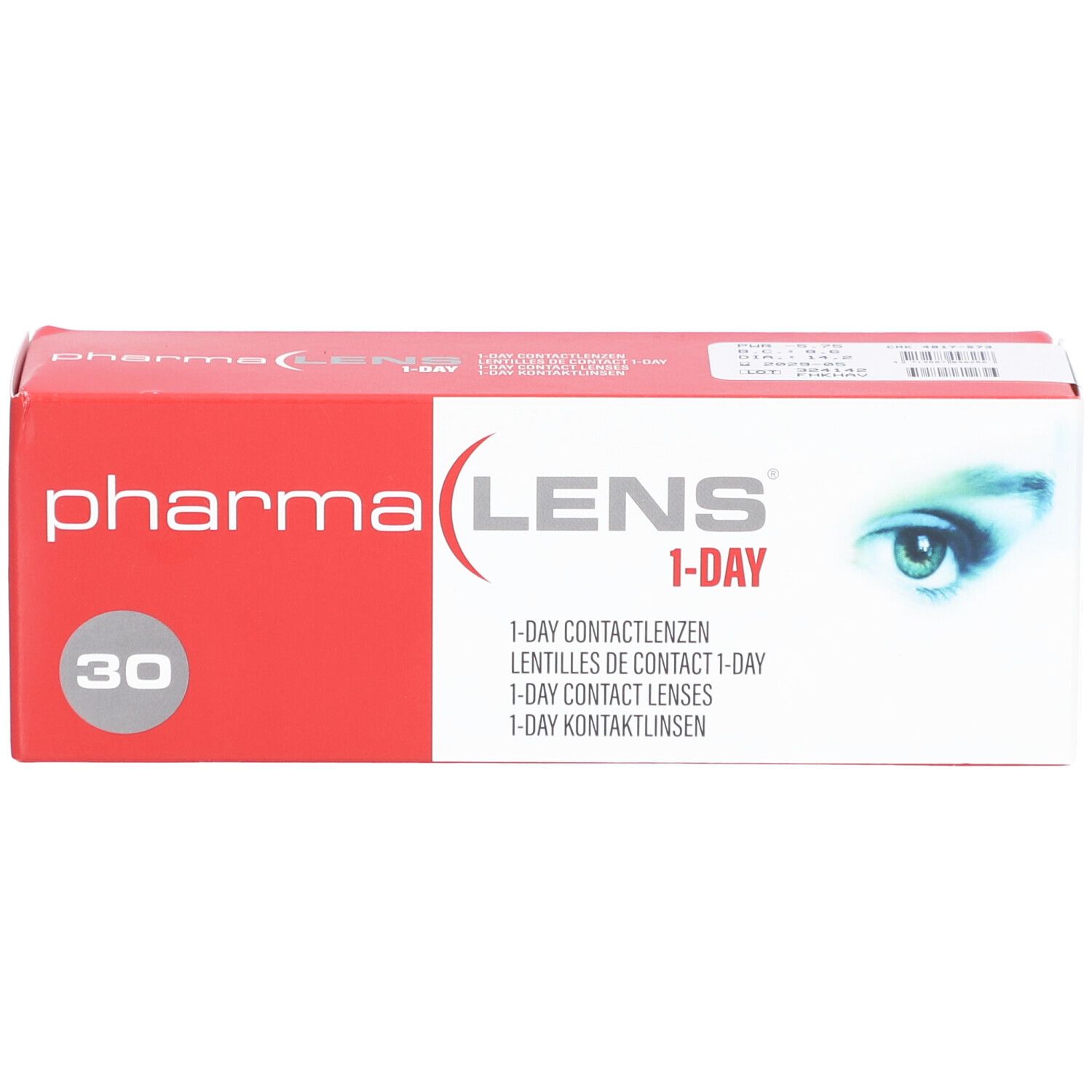 Boîte de lentilles de contact Pharmalens 1-Day. Boîte rouge et blanche avec nom du produit et indication 30 unités.