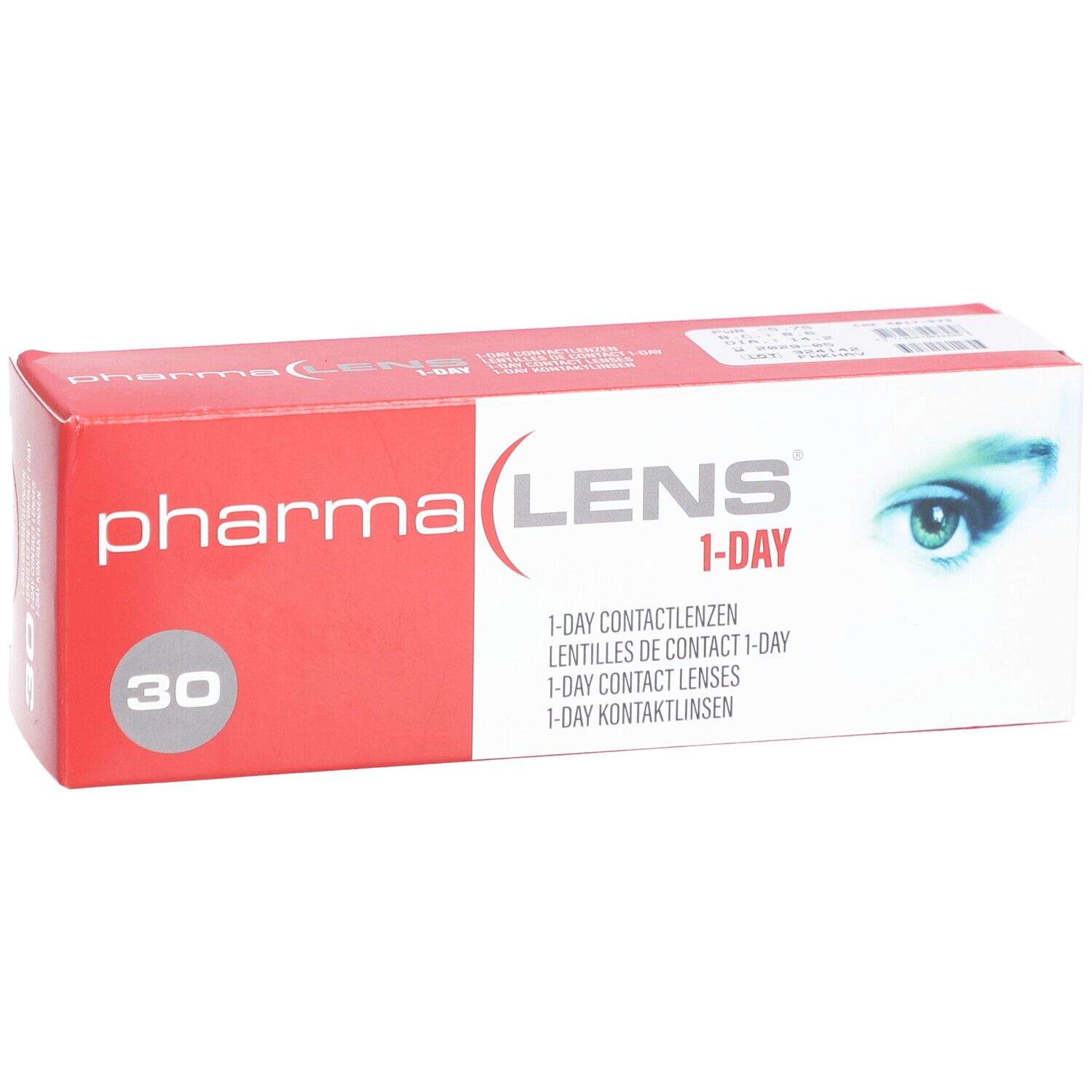 Boîte de lentilles de contact Pharmalens 1-Day. Boîte rouge et blanche avec nom du produit et indication 30 unités.