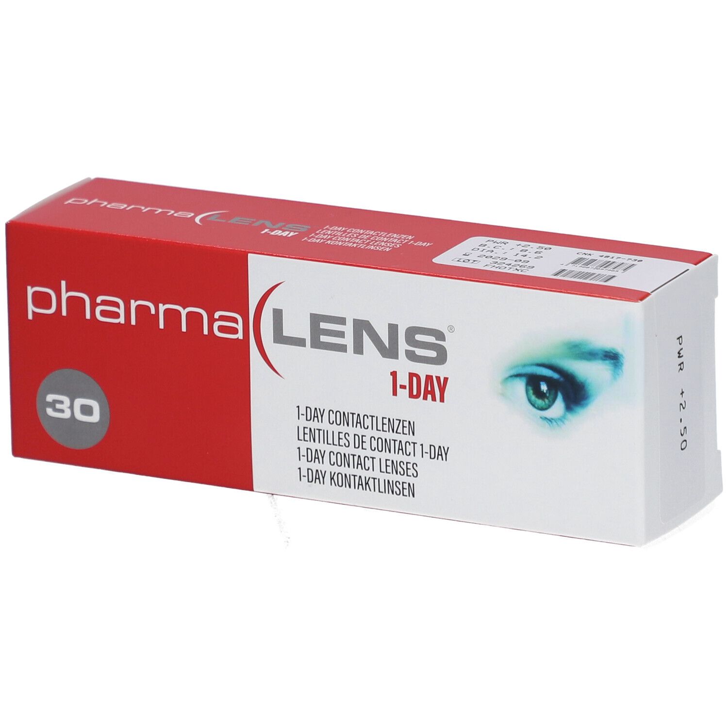 Boîte rouge et blanche "pharma LENS 1-DAY" avec "30". Image d'un œil. Contient 30 lentilles.