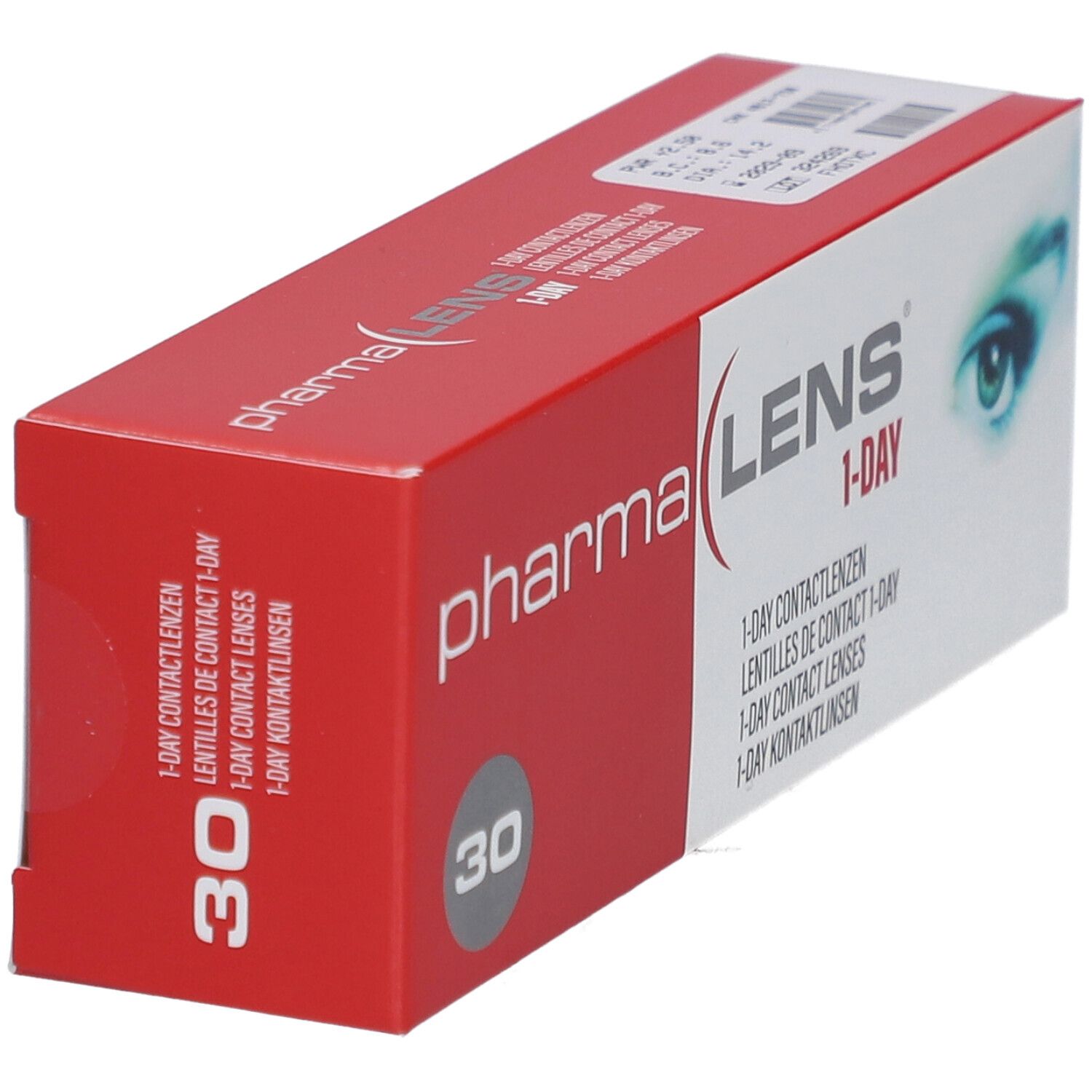 Boîte rouge et blanche "pharma LENS 1-DAY" avec "30". Image d'un œil. Vue en perspective.