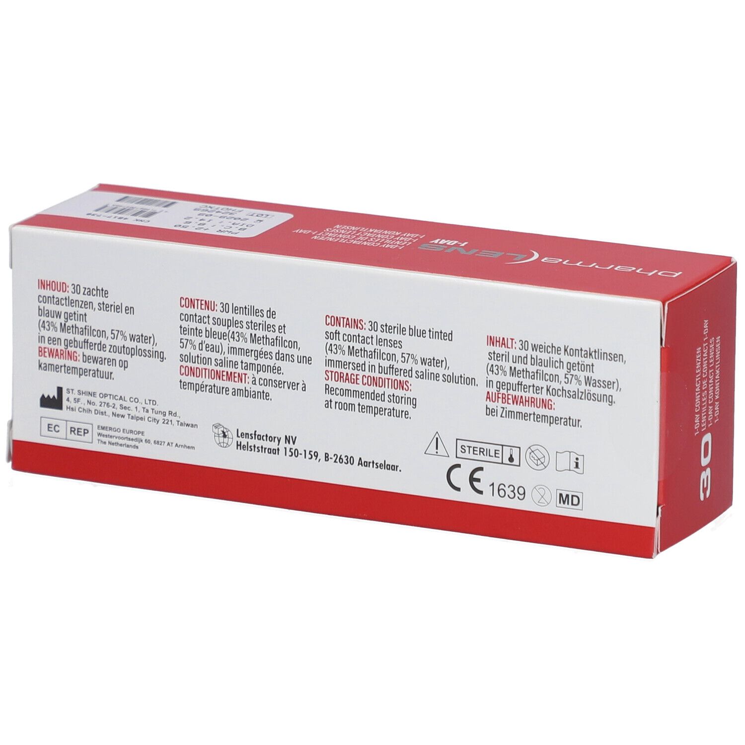 Boîte rouge et blanche "pharma LENS 1-DAY". Dos avec texte multilingue. Marquage CE.
