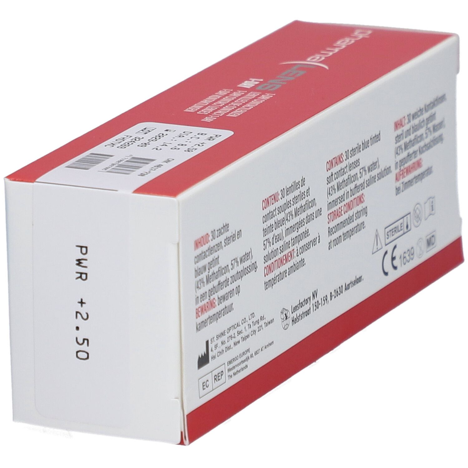 Boîte rouge et blanche "pharma LENS 1-DAY". Dos avec texte multilingue. Marquage CE.