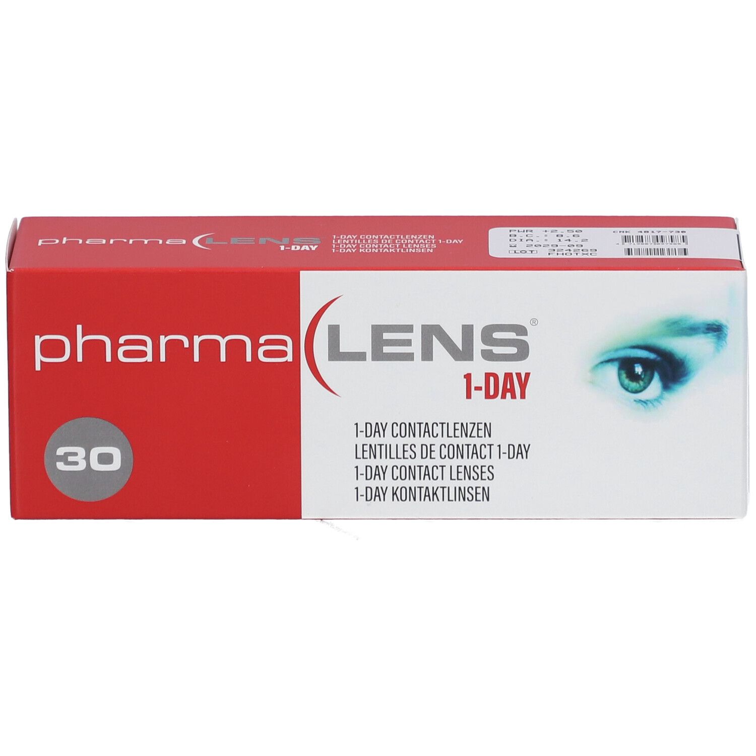 Boîte rouge et blanche "pharma LENS 1-DAY" avec "30". Image d'un œil. Vue de face.