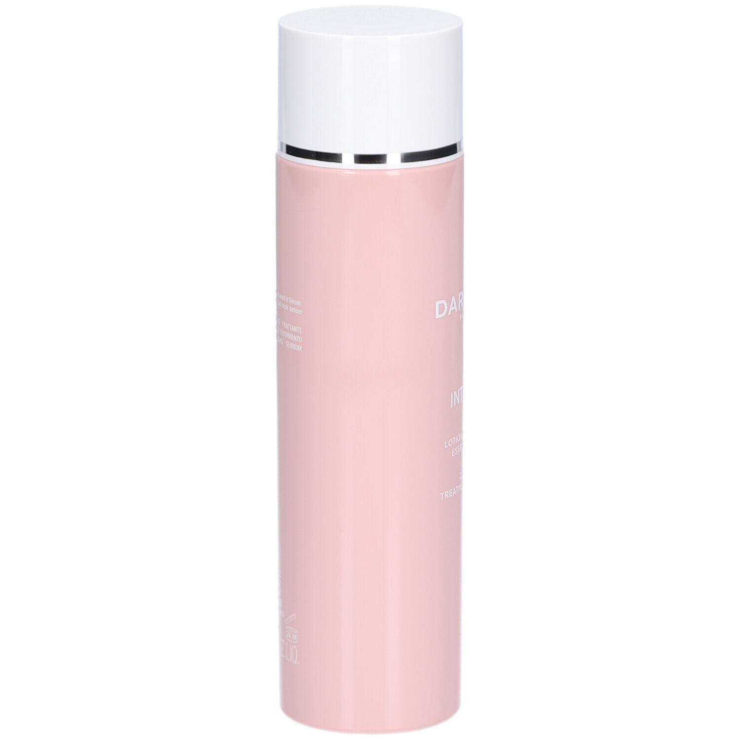 Rosa Flasche mit weißem Deckel. Aufschrift nicht lesbar. Produkt von Darphin.