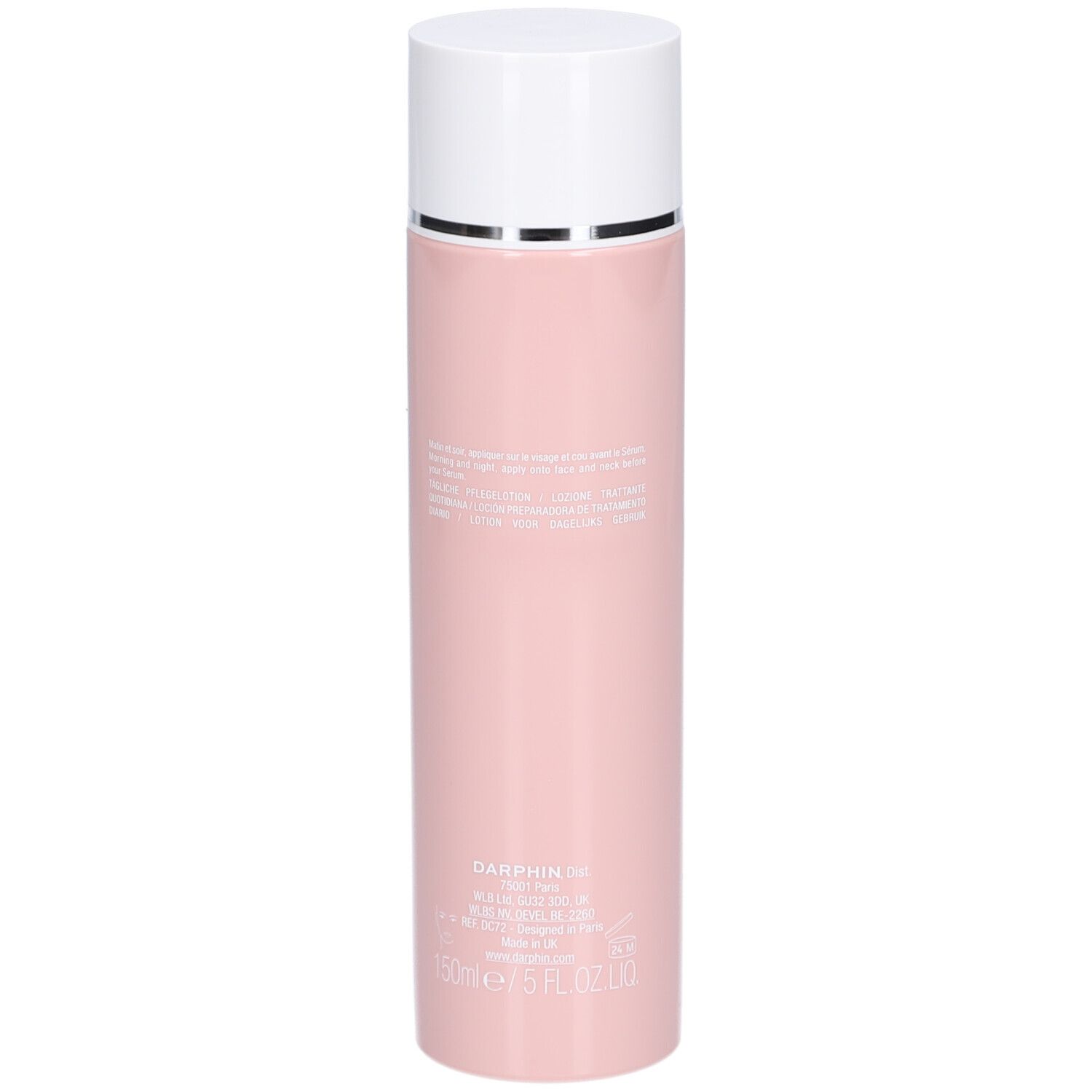 Rosa Flasche mit weißem Deckel. Aufschrift nicht lesbar. Produkt von Darphin.