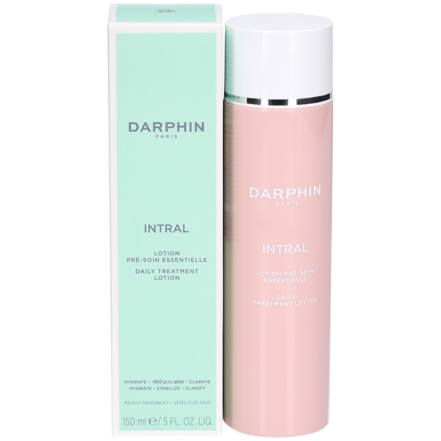 Produktflasche und Schachtel. Flasche rosa, Schachtel grün. Aufschrift: Darphin, Intral.