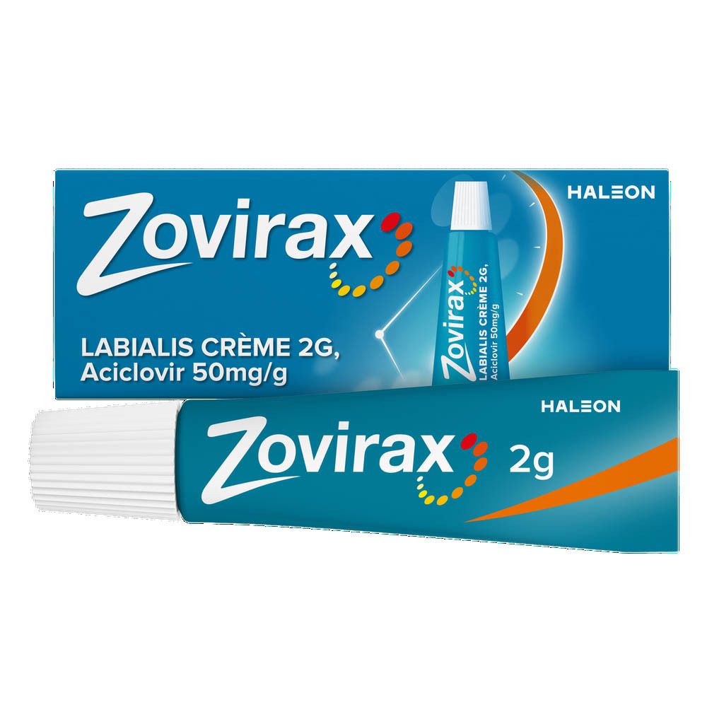 Productverpakking en tube. Tekst: Zovirax Labialis Crème 2g, Aciclovir 50mg/g. HALEON logo.