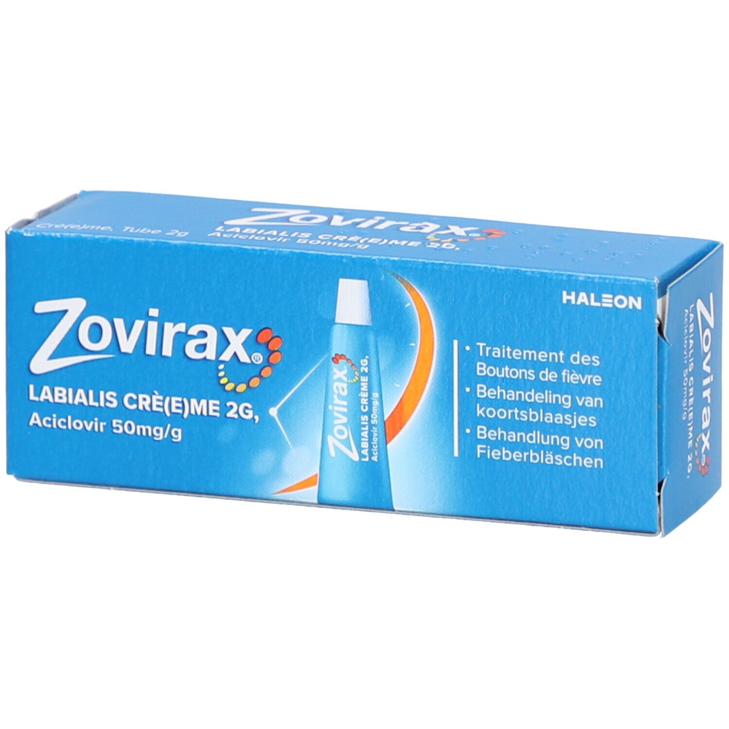 Blauwe en witte doos met productnaam en afbeelding. Tekst: Zovirax Labialis Crème 2g, Aciclovir 50mg/g.
