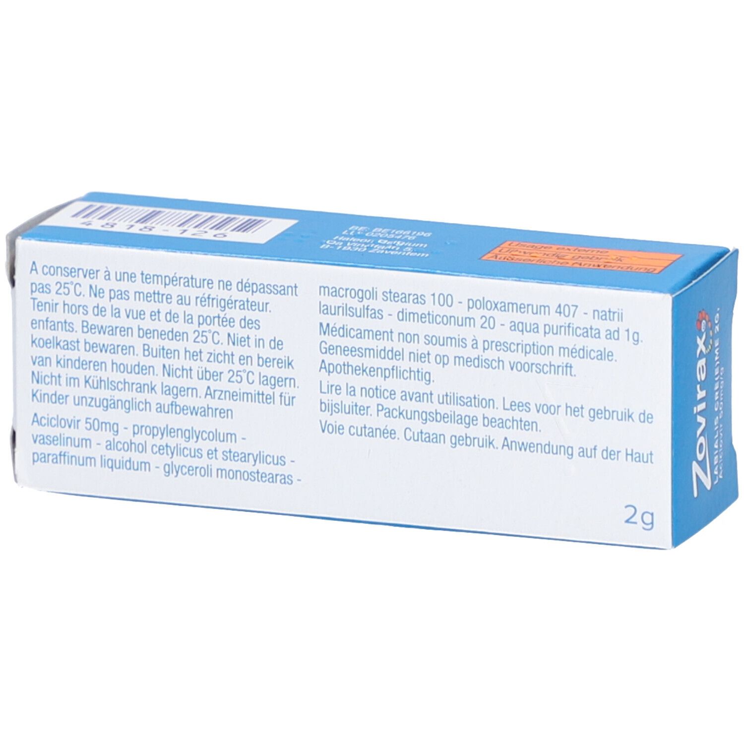 Blauwe doos, achterkant. Tekst: Zovirax Labialis Crème 2g, Aciclovir 50mg/g. Ingrediënten en instructies.