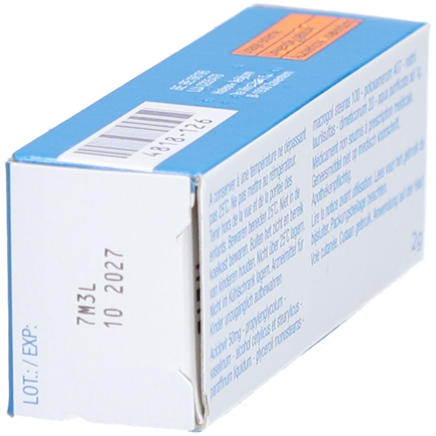 Blauwe doos, zijaanzicht. Tekst: Zovirax Labialis Crème 2g, Aciclovir 50mg/g. Afdruk: LOT/EXP.