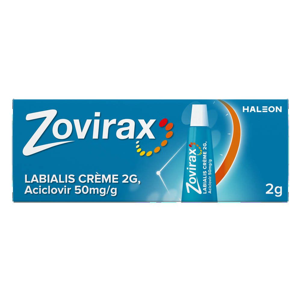 Productverpakking en tube. Tekst: Zovirax Labialis Crème 2g, Aciclovir 50mg/g. HALEON logo.