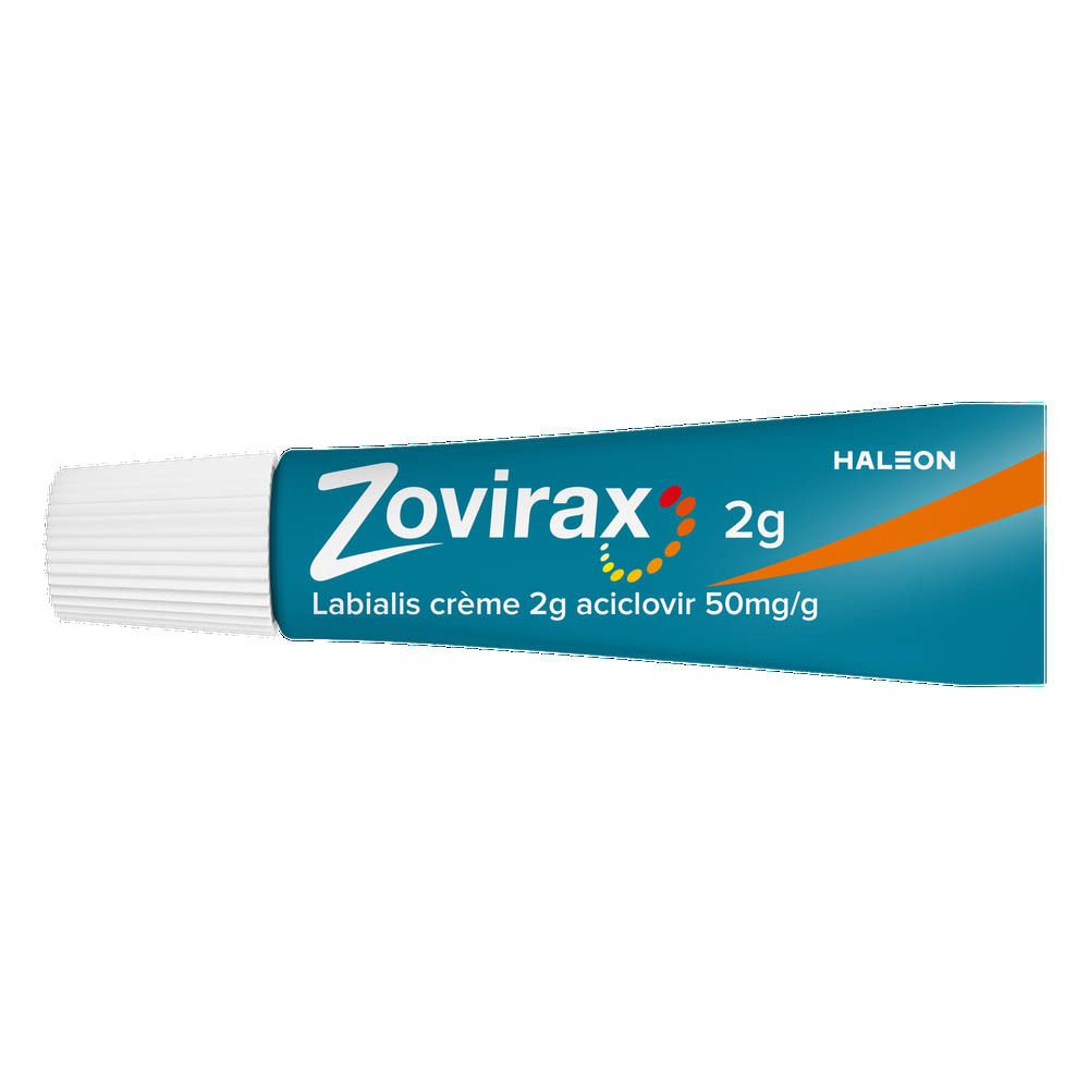 Tube met productnaam en tekst: Zovirax Labialis Crème 2g, Aciclovir 50mg/g. HALEON logo.