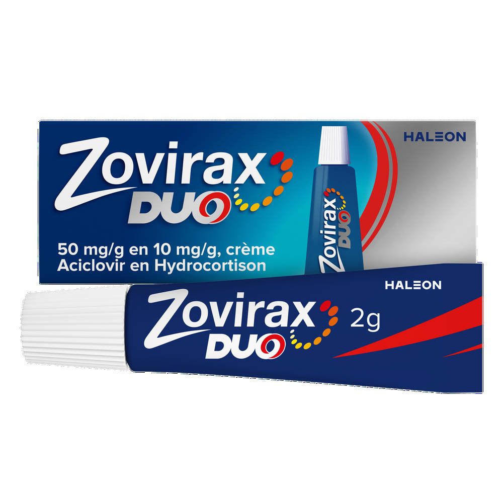 Zovirax Duo crème, doosje en tube. Blauwe verpakking, productnaam en informatie. Tube ernaast.