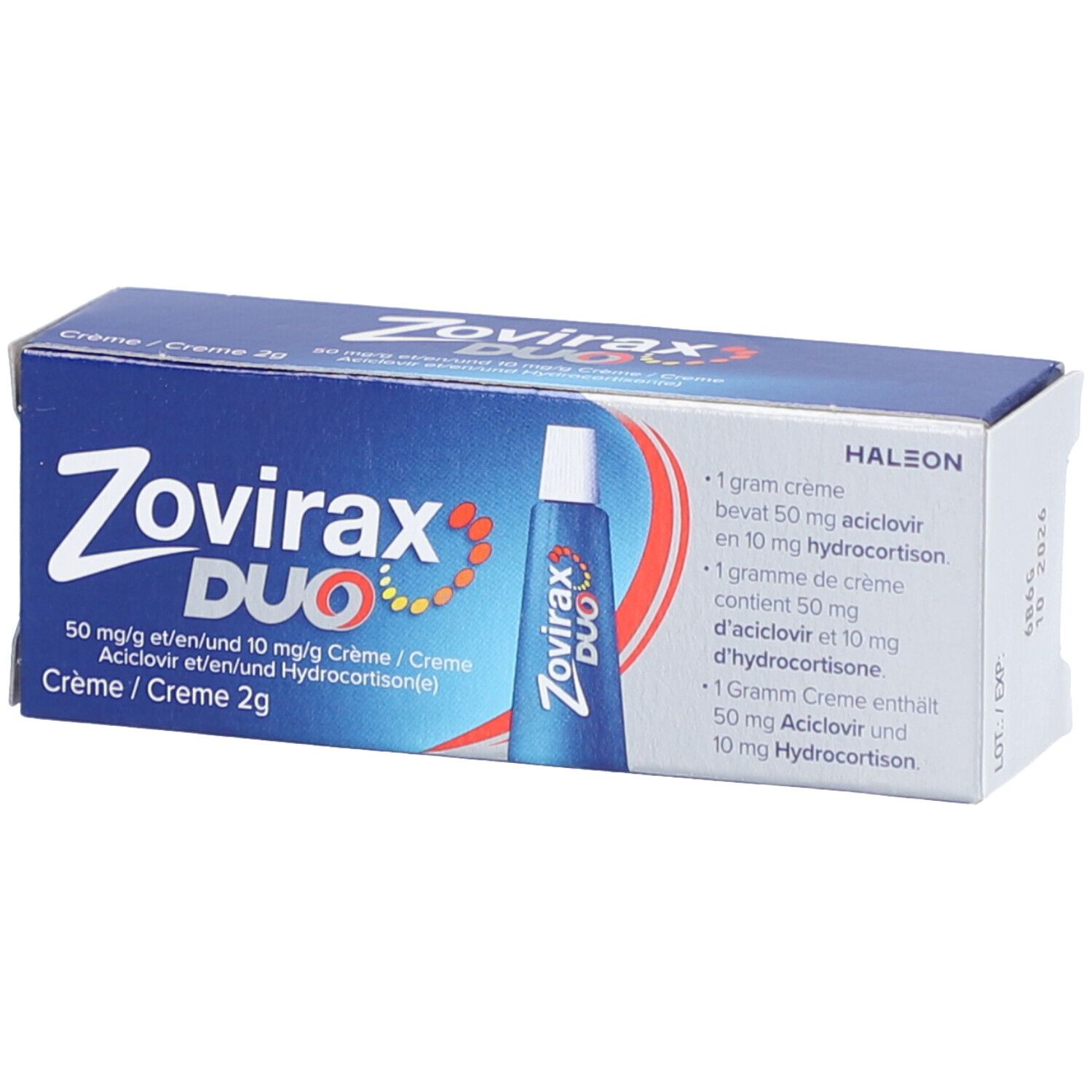 Doosje Zovirax Duo crème. Blauwe verpakking met productnaam en informatie. Bevat ook een tube.