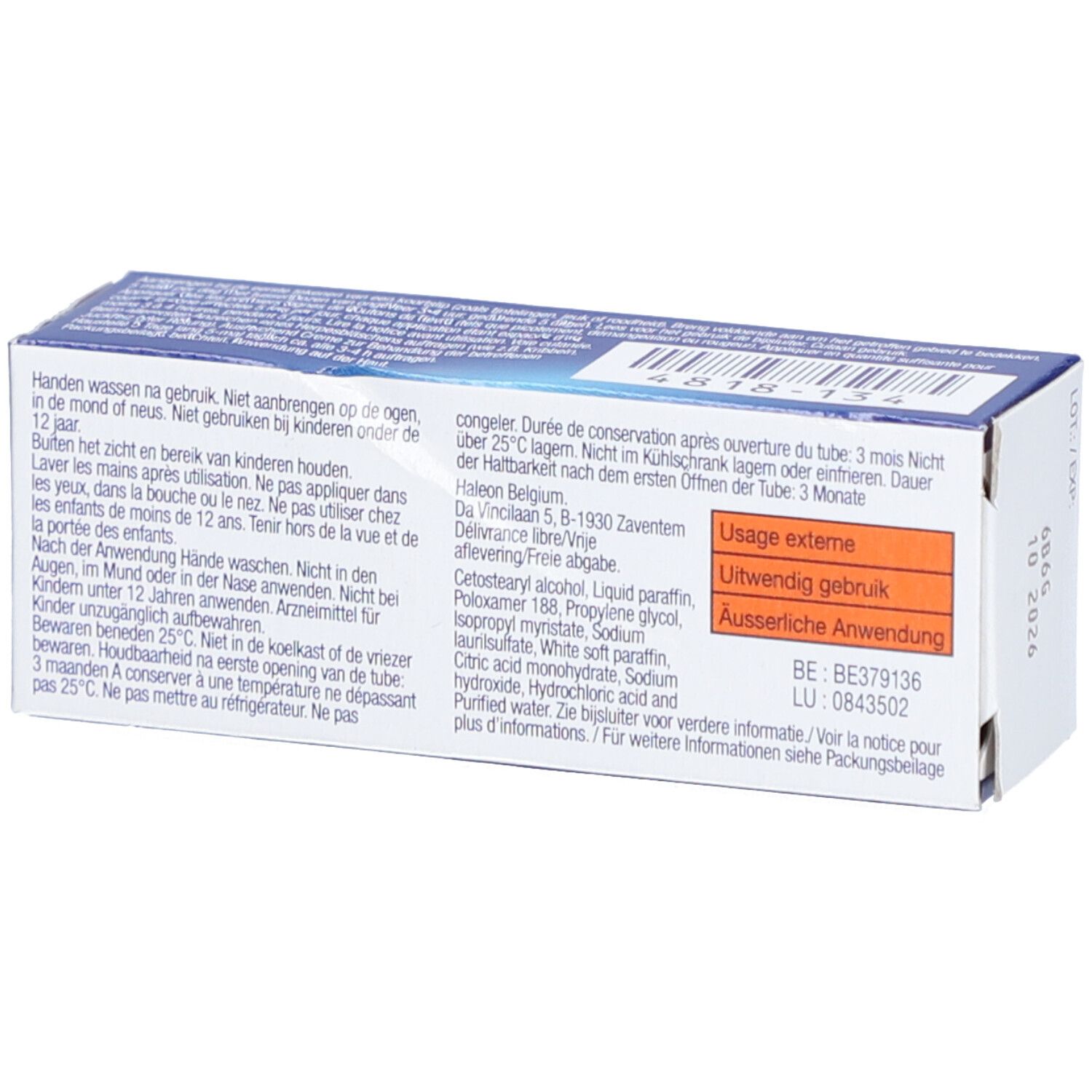 Achterkant van het Zovirax Duo crème doosje. Bevat informatie over gebruik, ingrediënten en houdbaarheid.