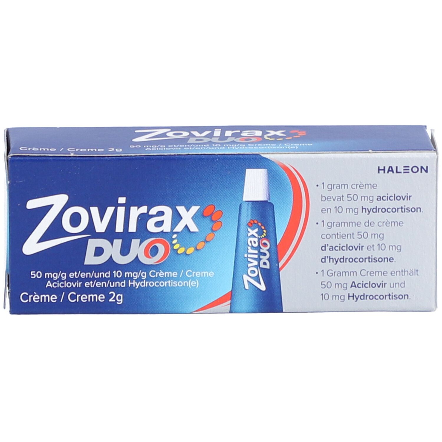 Zovirax Duo crème doosje en tube. Blauwe verpakking met productnaam en informatie. Tube ernaast.