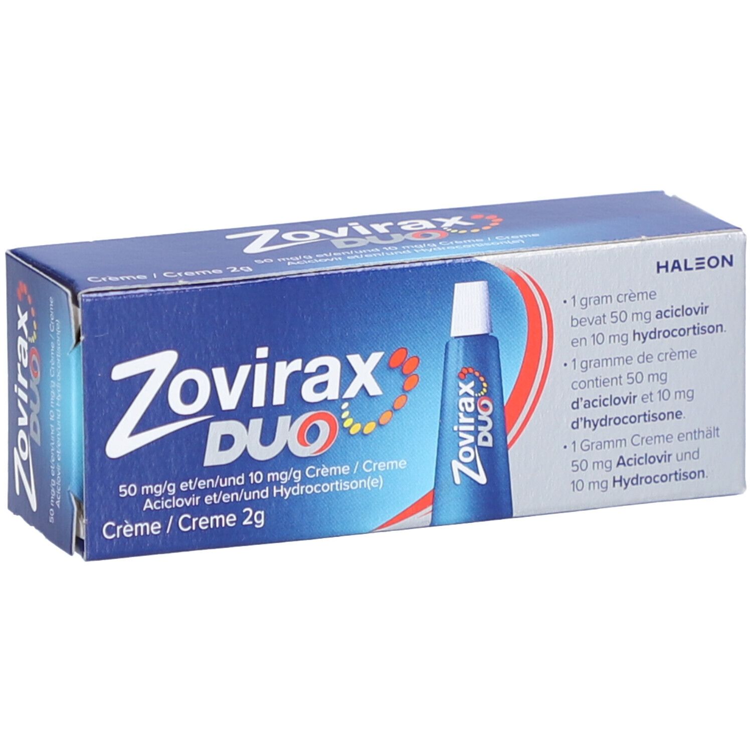 Zovirax Duo crème doosje en tube. Blauwe verpakking met productnaam en informatie. Tube ernaast.