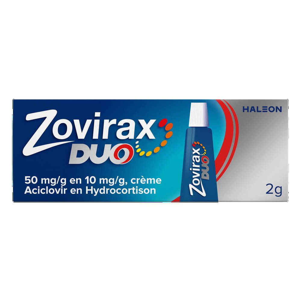 Zovirax Duo crème, tube en doosje. Blauwe verpakking, productnaam en informatie. Tube ernaast.