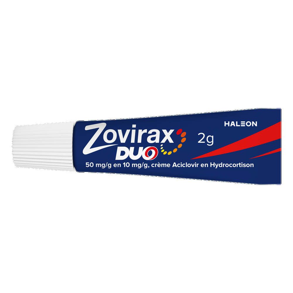 Zovirax Duo crème, tube. Blauwe tube met productnaam en informatie. Witte dop.