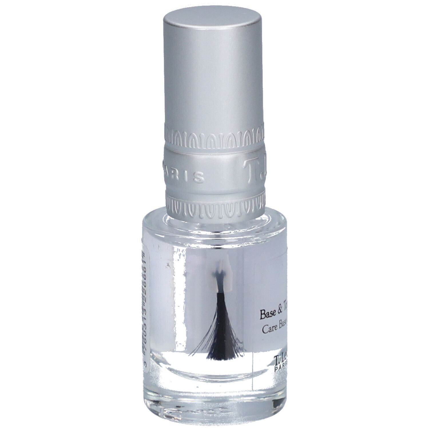 Klare Nagellackflasche mit silbernem Deckel. Bürste sichtbar. Aufschrift: T.LeClerc, Base & Top Coat.
