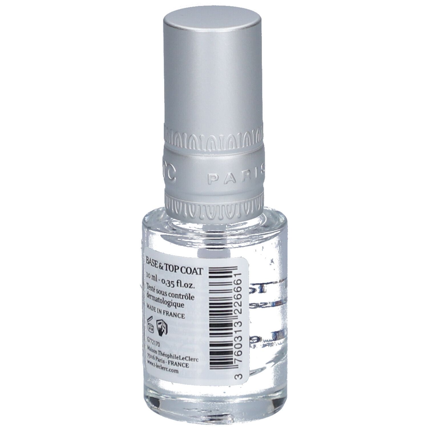 Klare Nagellackflasche mit silbernem Deckel. Aufschrift: Base & Top Coat, T.LeClerc. Barcode und weitere Informationen.