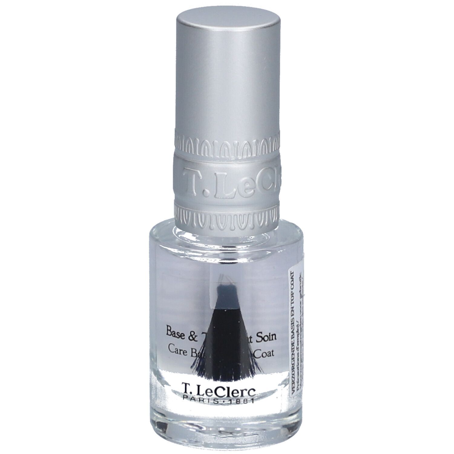 Klare Nagellackflasche mit silbernem Deckel. Bürste sichtbar. Aufschrift: Base & Top Coat, T.LeClerc.