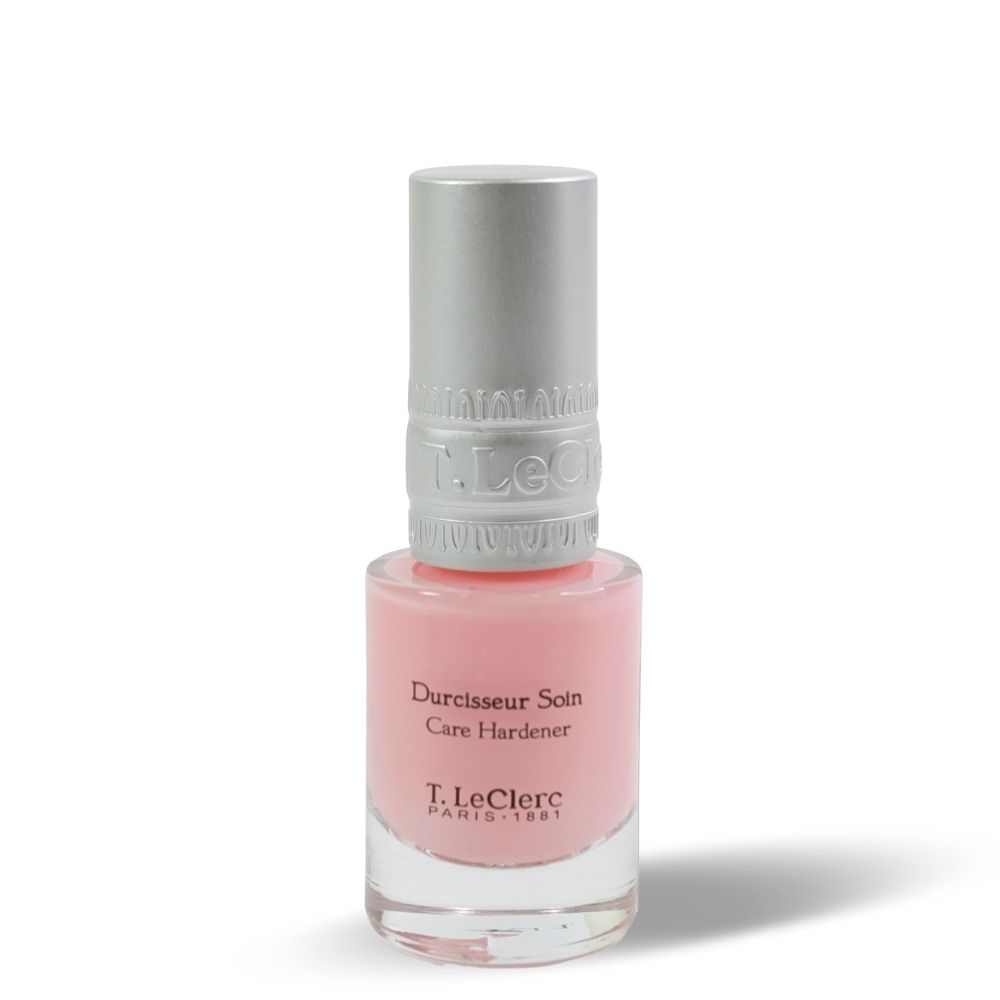 Durcisseur soin pour ongles. Flacon en verre rose avec bouchon argenté. Inscription: T.LeClerc Paris.