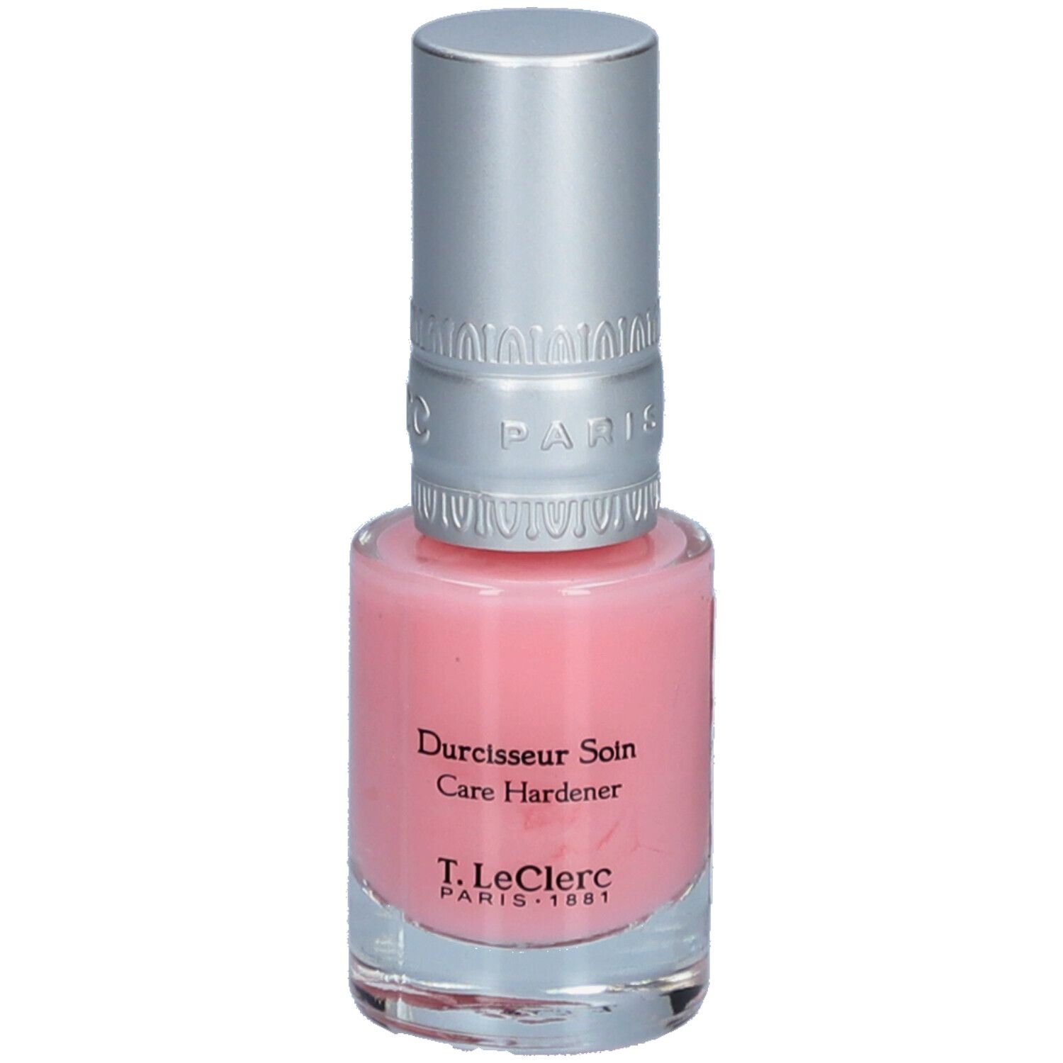 Durcisseur soin pour ongles. Flacon en verre rose avec bouchon argenté. Inscription: T.LeClerc Paris.