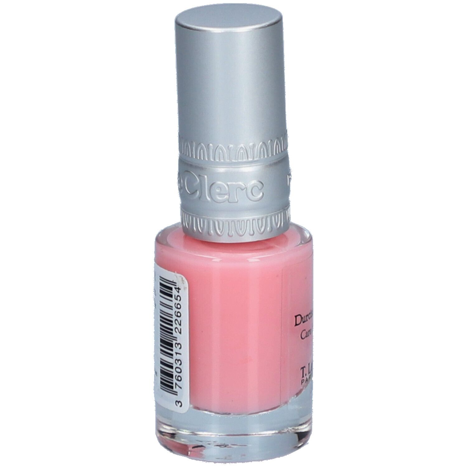 Durcisseur soin pour ongles. Flacon en verre rose avec bouchon argenté. Code-barres et inscriptions.