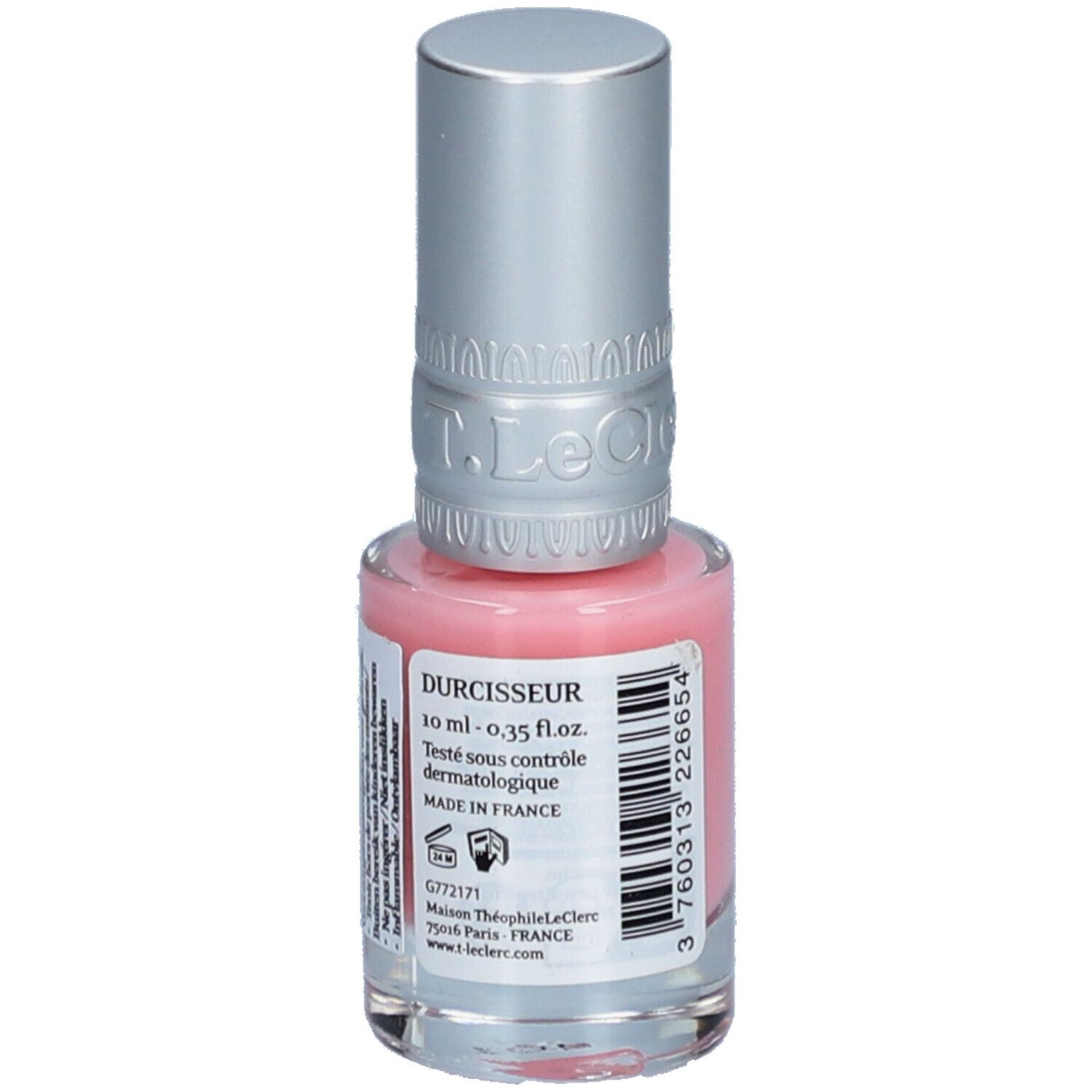Durcisseur soin pour ongles. Flacon en verre rose avec bouchon argenté. Inscriptions et informations.
