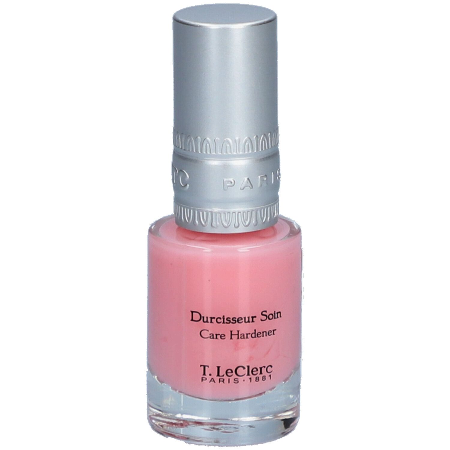 Durcisseur soin pour ongles. Flacon en verre rose avec bouchon argenté. Inscription: T.LeClerc Paris.