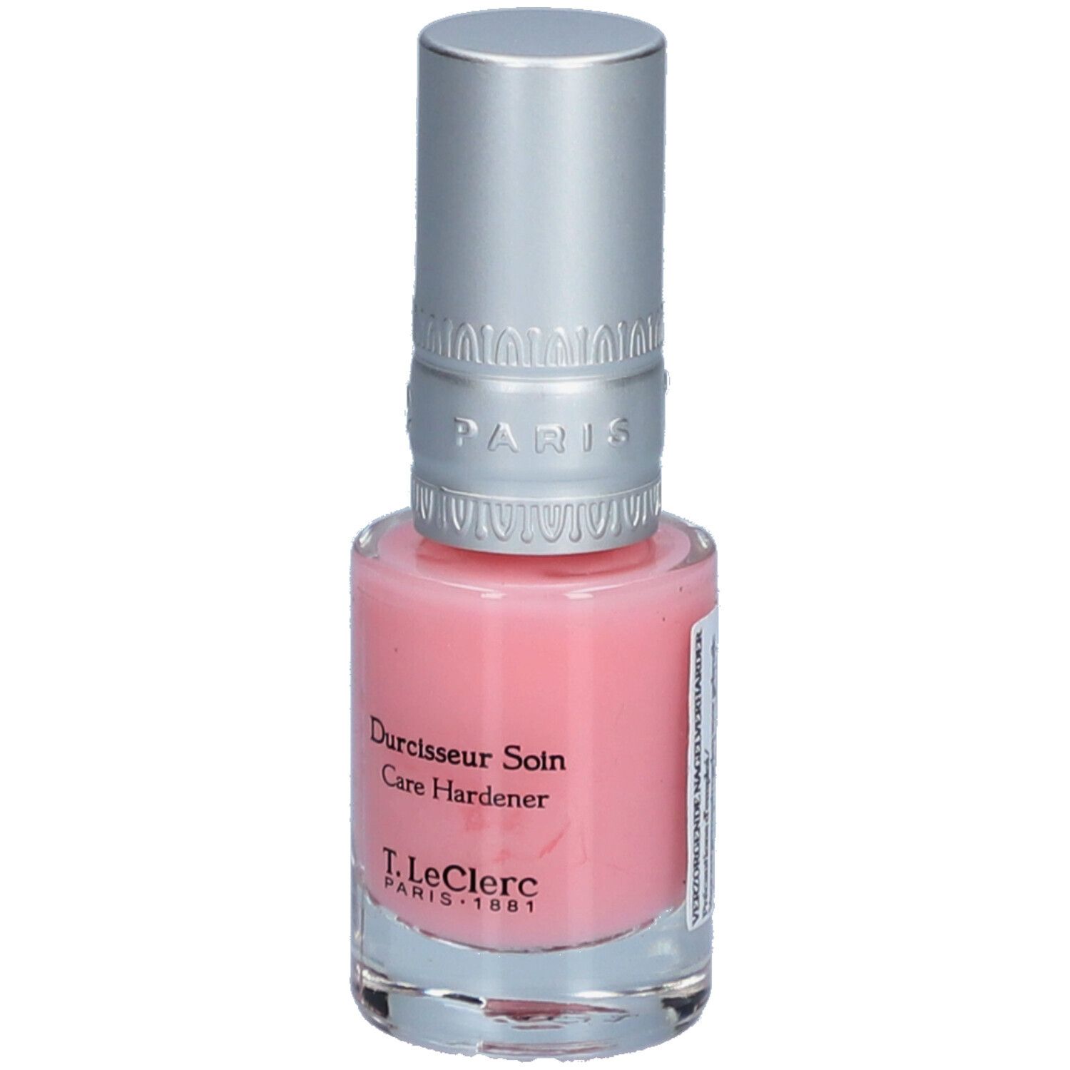 Durcisseur soin pour ongles. Flacon en verre rose avec bouchon argenté. Inscription: T.LeClerc Paris.