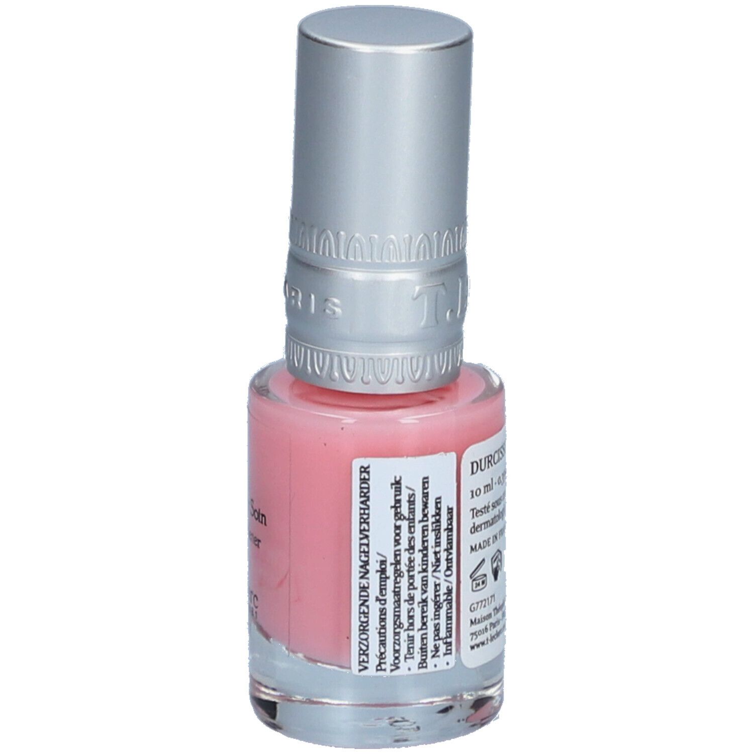 Durcisseur soin pour ongles. Flacon en verre rose avec bouchon argenté. Dos avec texte.