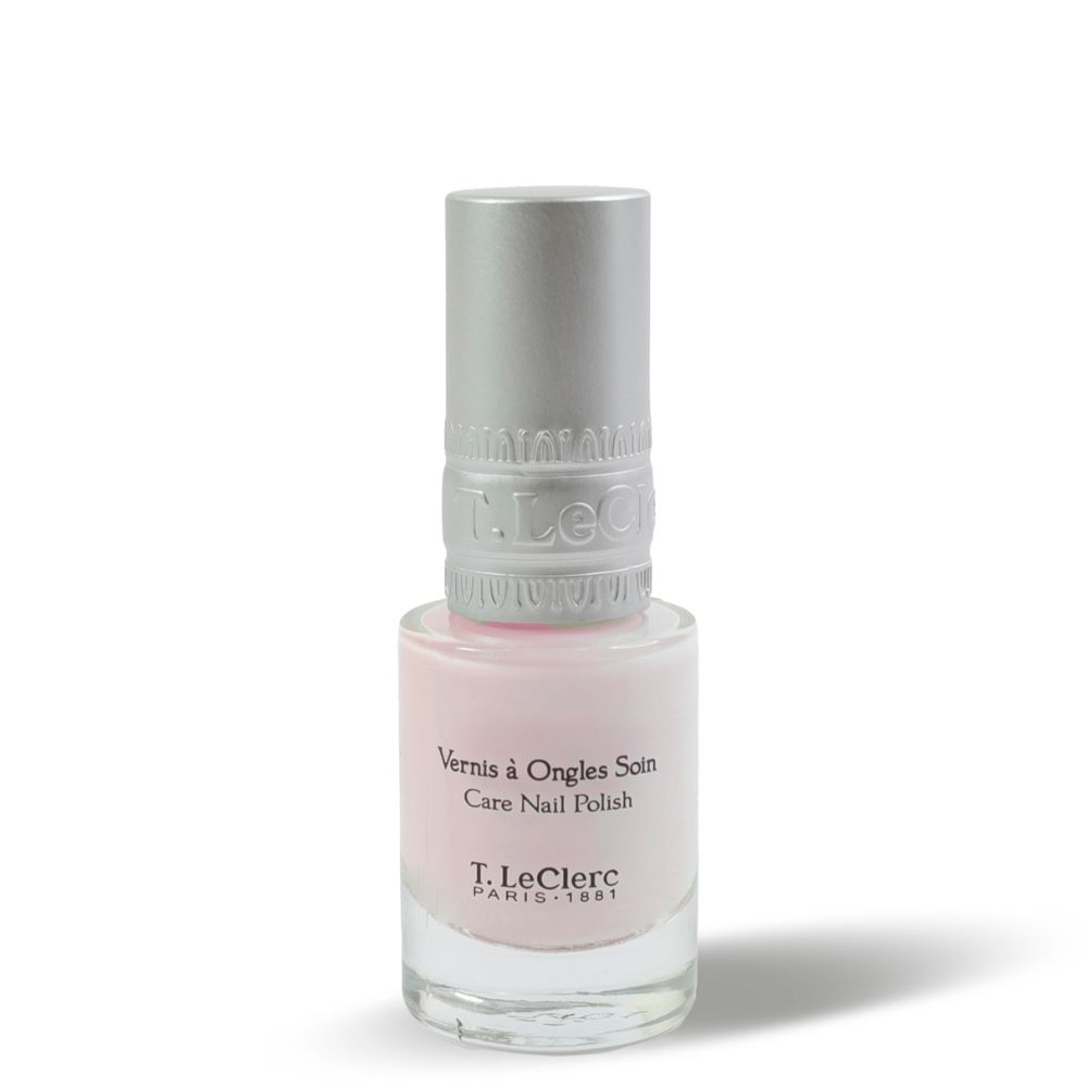 Flacon de vernis à ongles rose clair avec bouchon argenté. Inscription : Vernis à Ongles Soin, T.LeClerc PARIS 1881.
