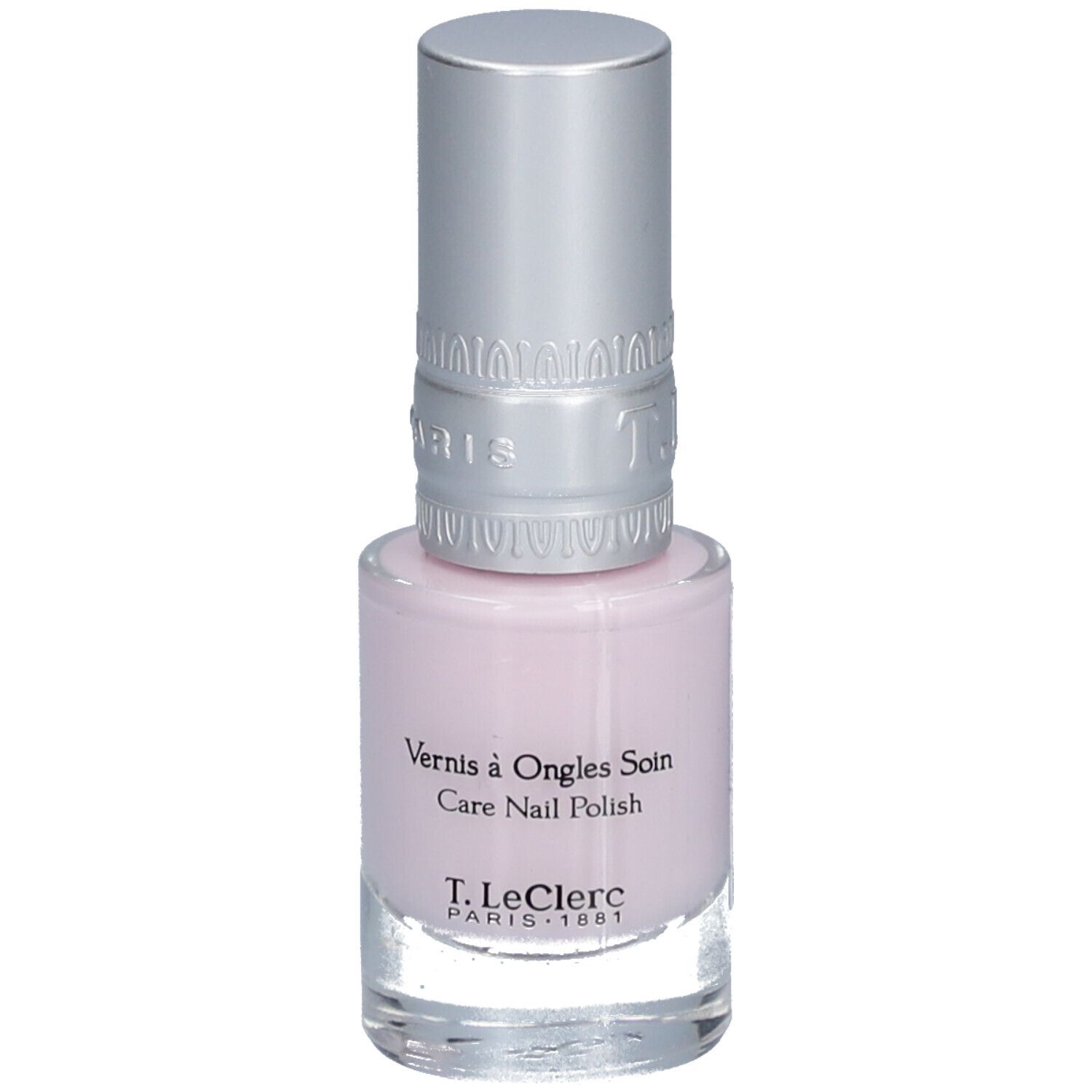 Flacon de vernis à ongles rose clair avec bouchon argenté. Inscription : Vernis à Ongles Soin, Care Nail Polish, T.LeClerc PARIS 1881.