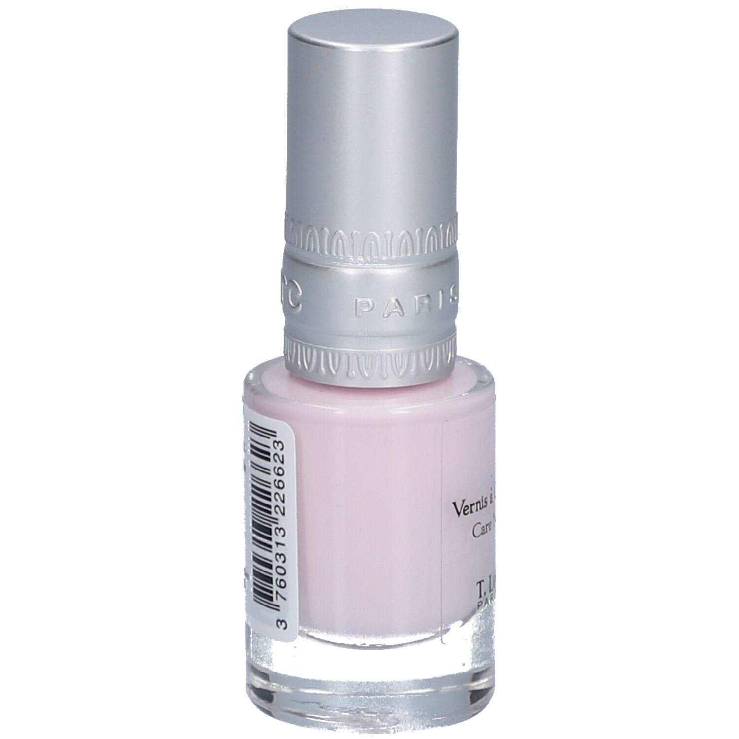 Flacon de vernis à ongles rose clair avec bouchon argenté. Code-barres et inscription : Vernis à Ongles Soin, Care Nail Polish, T.LeClerc PARIS 1881.