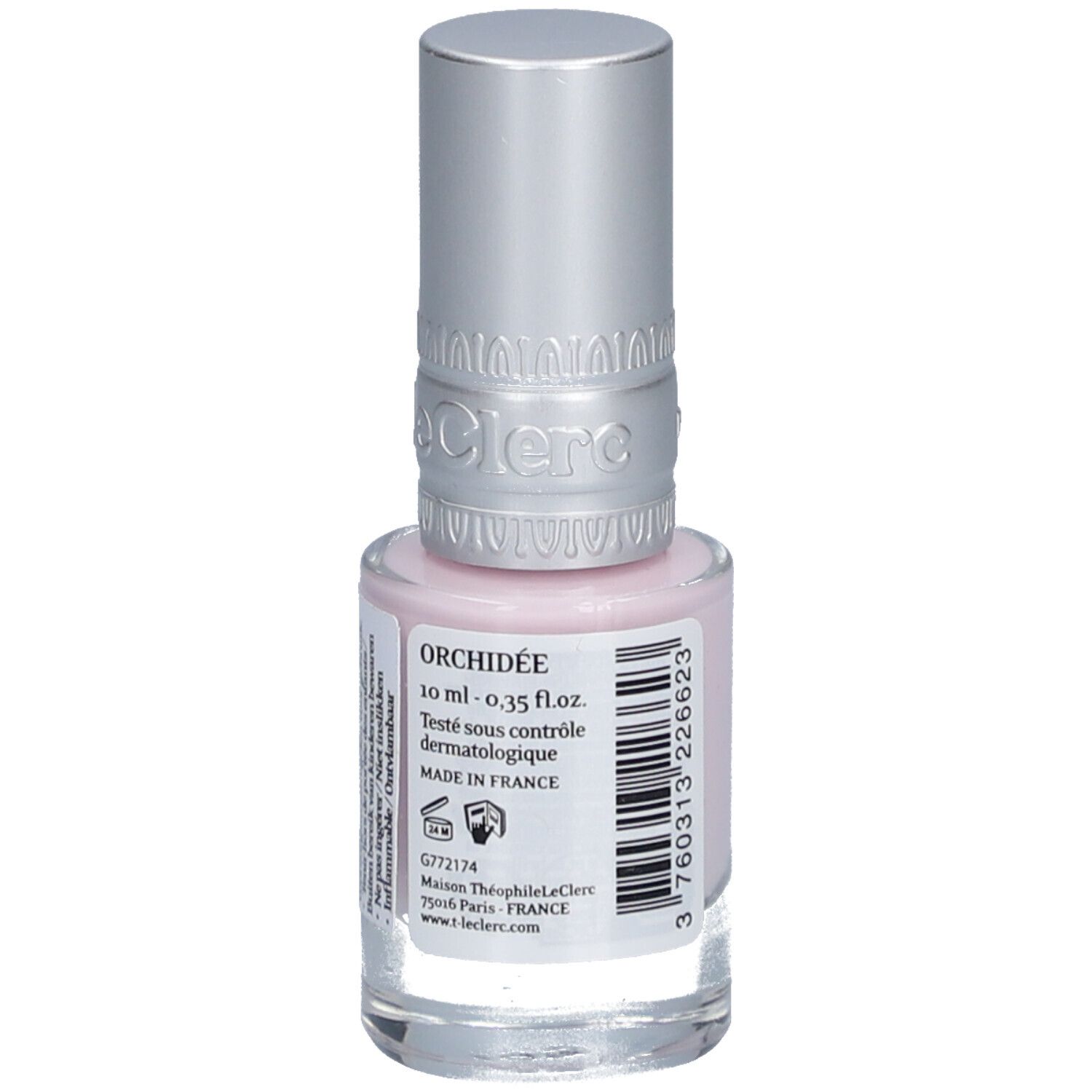 Flacon de vernis à ongles rose clair avec bouchon argenté. Inscription : Orchidée, 10 ml - 0.35 fl.oz. MADE IN FRANCE. Autres informations.