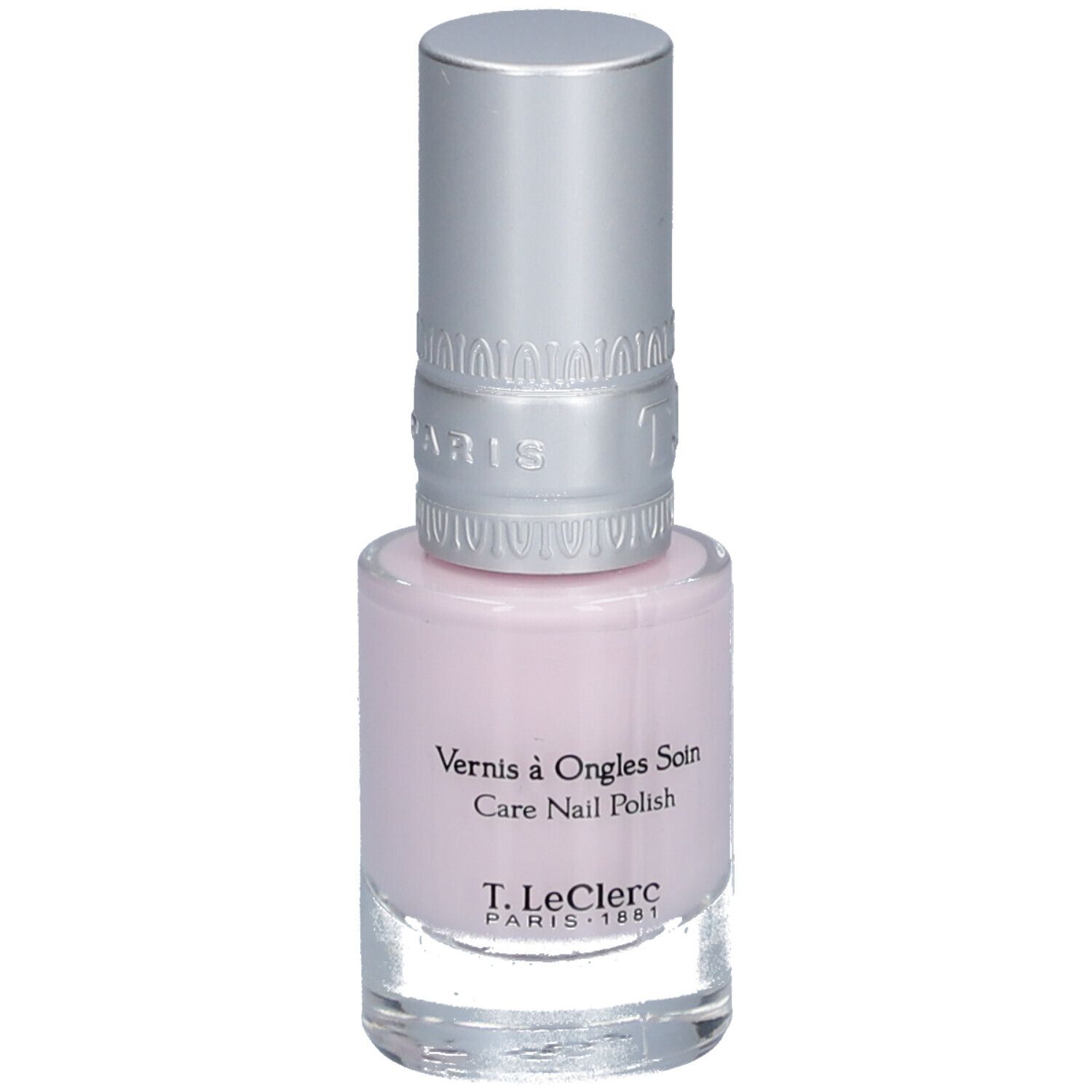 Flacon de vernis à ongles rose clair avec bouchon argenté. Inscription : Vernis à Ongles Soin, Care Nail Polish, T.LeClerc PARIS 1881.