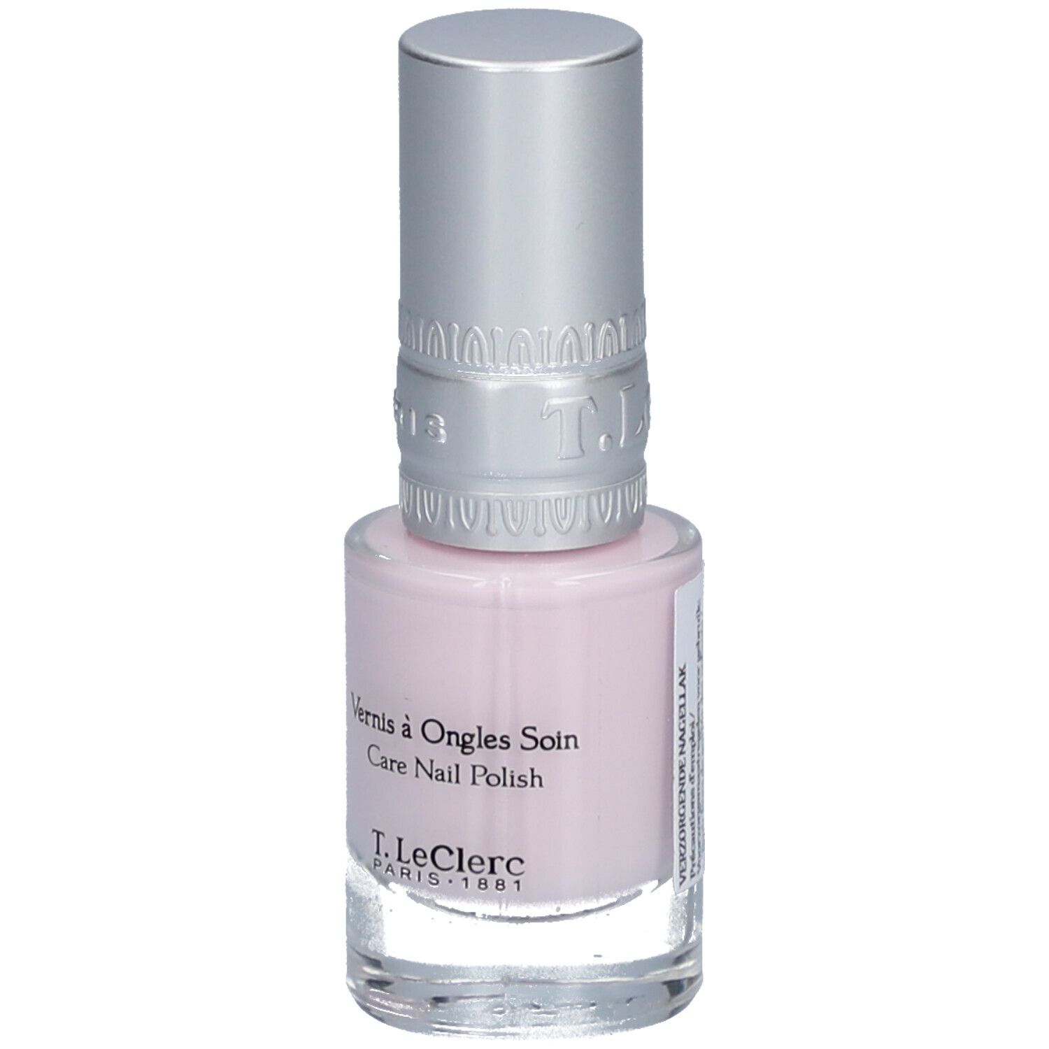 Flacon de vernis à ongles rose clair avec bouchon argenté. Inscription : Vernis à Ongles Soin, Care Nail Polish, T.LeClerc PARIS 1881.