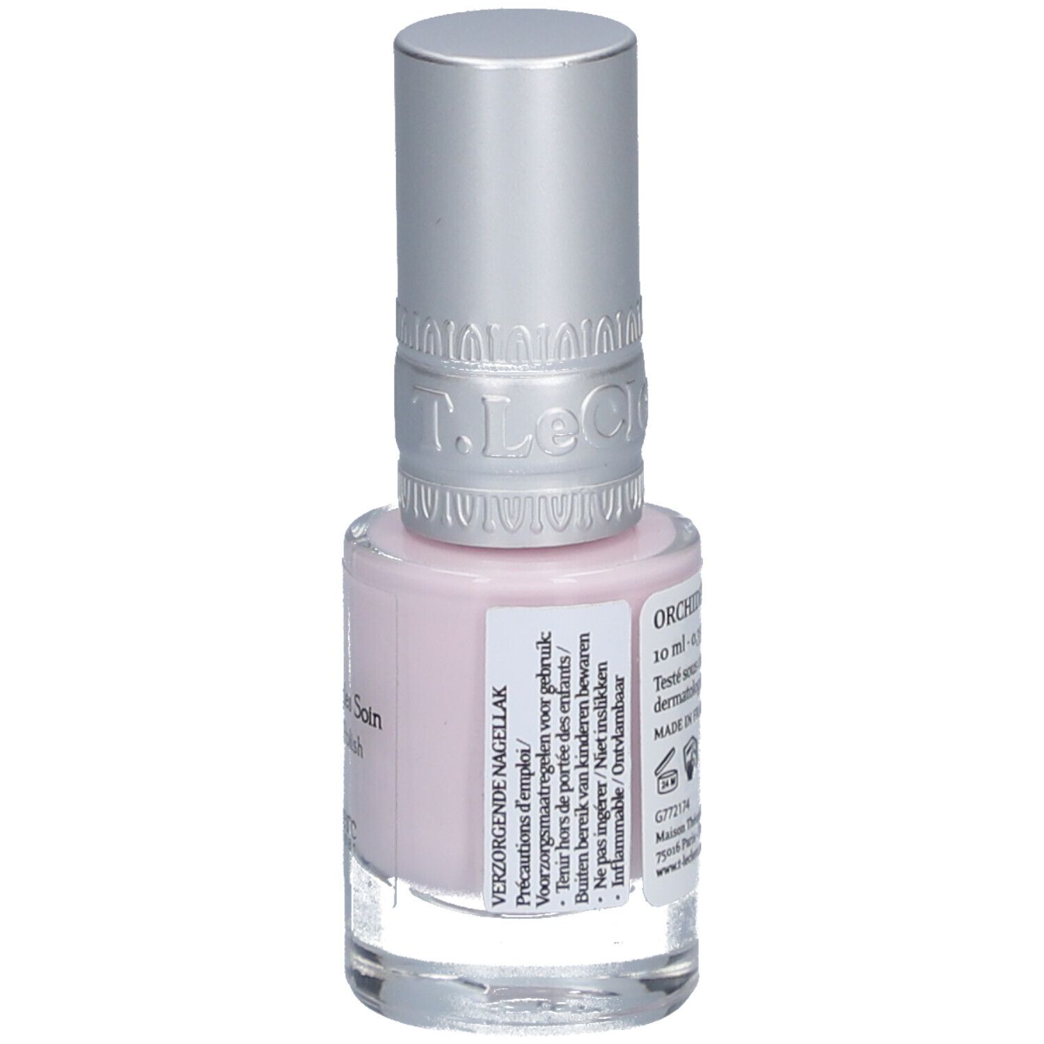Flacon de vernis à ongles rose clair avec bouchon argenté. Inscription : Vernis à Ongles Soin, Care Nail Polish, T.LeClerc PARIS 1881. Texte au dos.