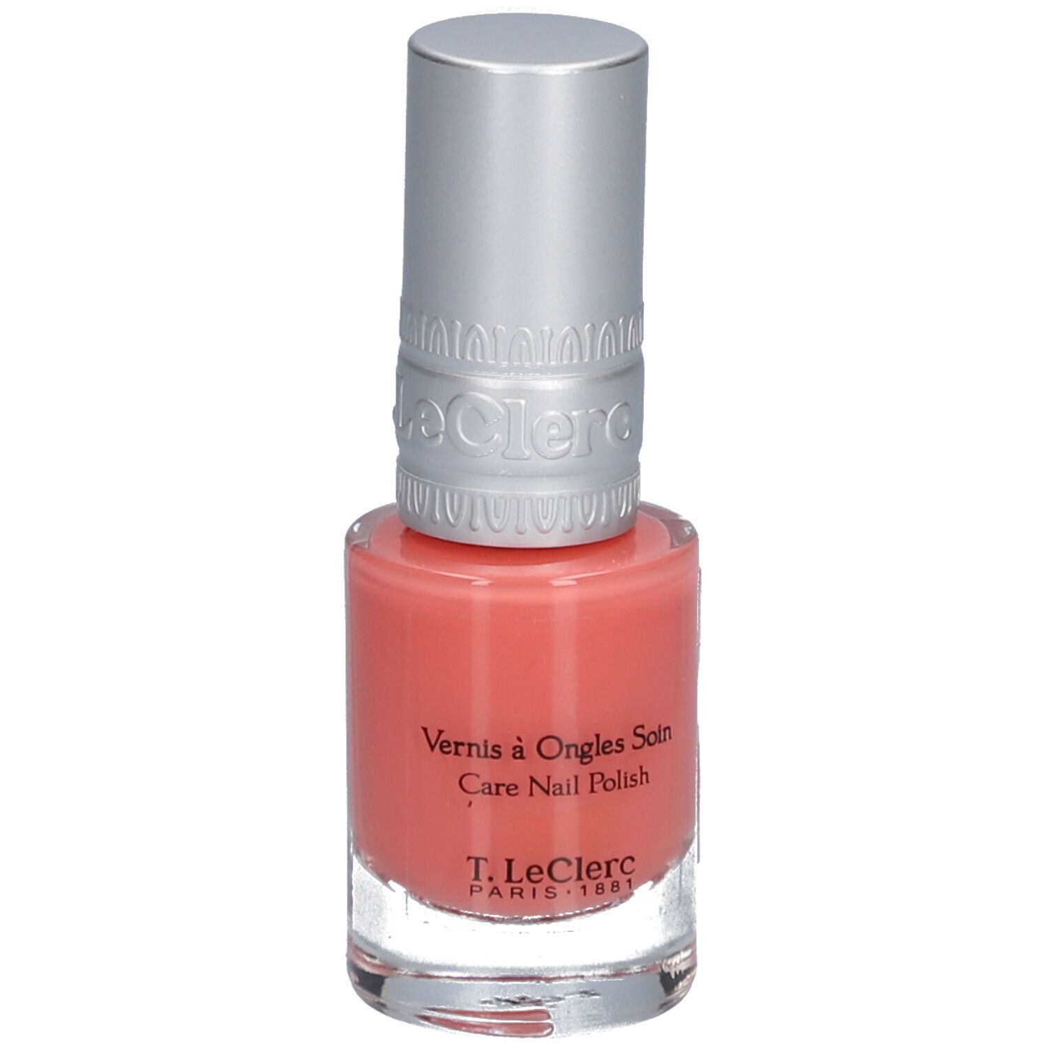 Flacon de vernis à ongles avec bouchon argenté. Inscription: Vernis à Ongles Soin, Care Nail Polish, T.LeClerc Paris 1881.