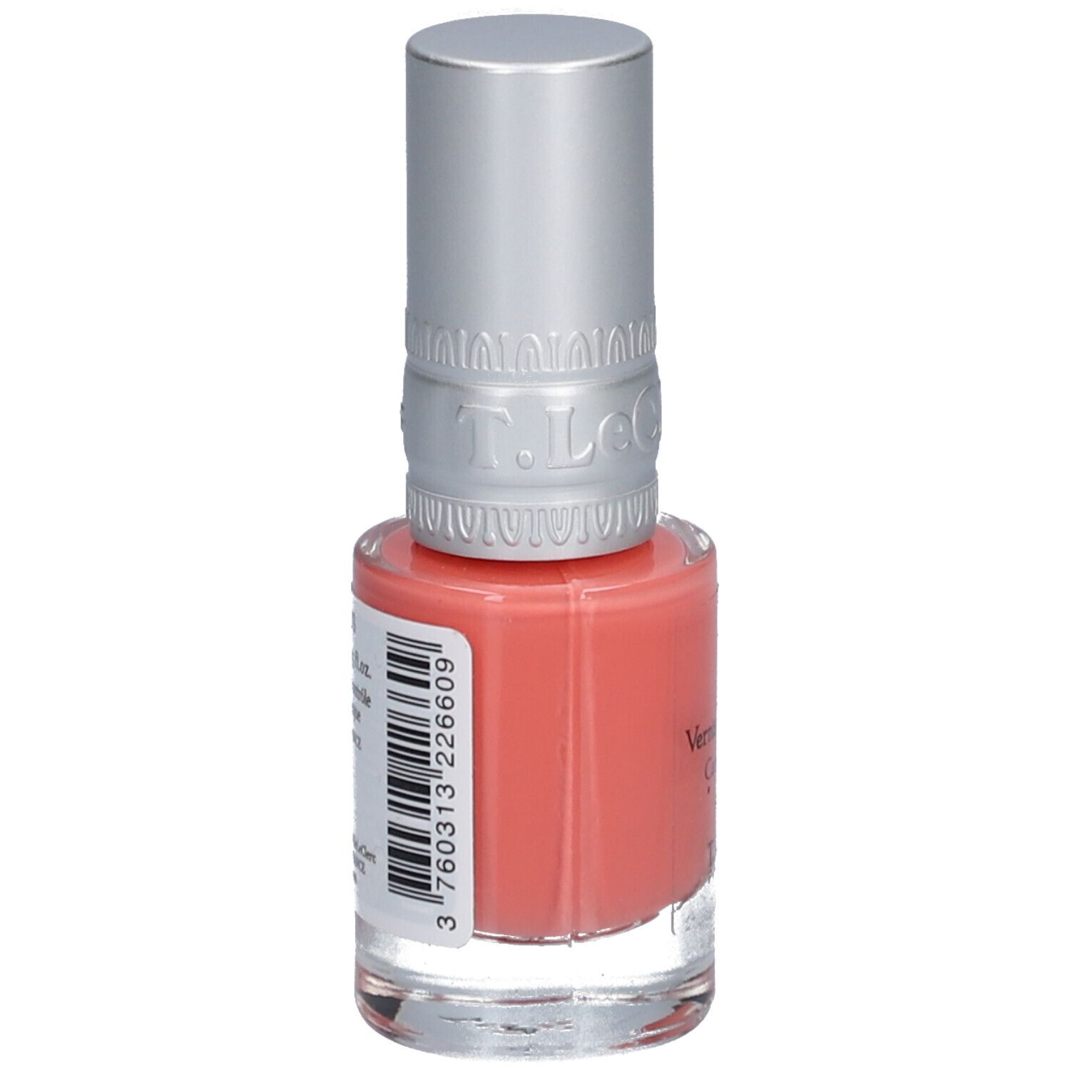 Flacon de vernis à ongles avec bouchon argenté. Inscription: Vernis à Ongles Soin, Care Nail Polish, T.LeClerc Paris 1881. Code-barres.