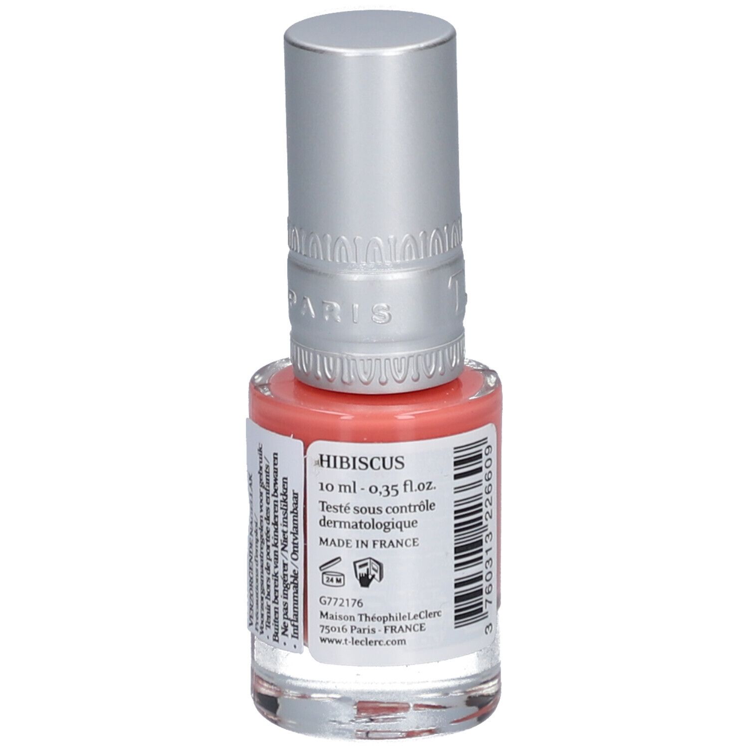 Flacon de vernis à ongles avec bouchon argenté. Inscription: HIBISCUS, 10 ml - 0.35 fl.oz. Fabriqué en France. Étiquette avec texte.
