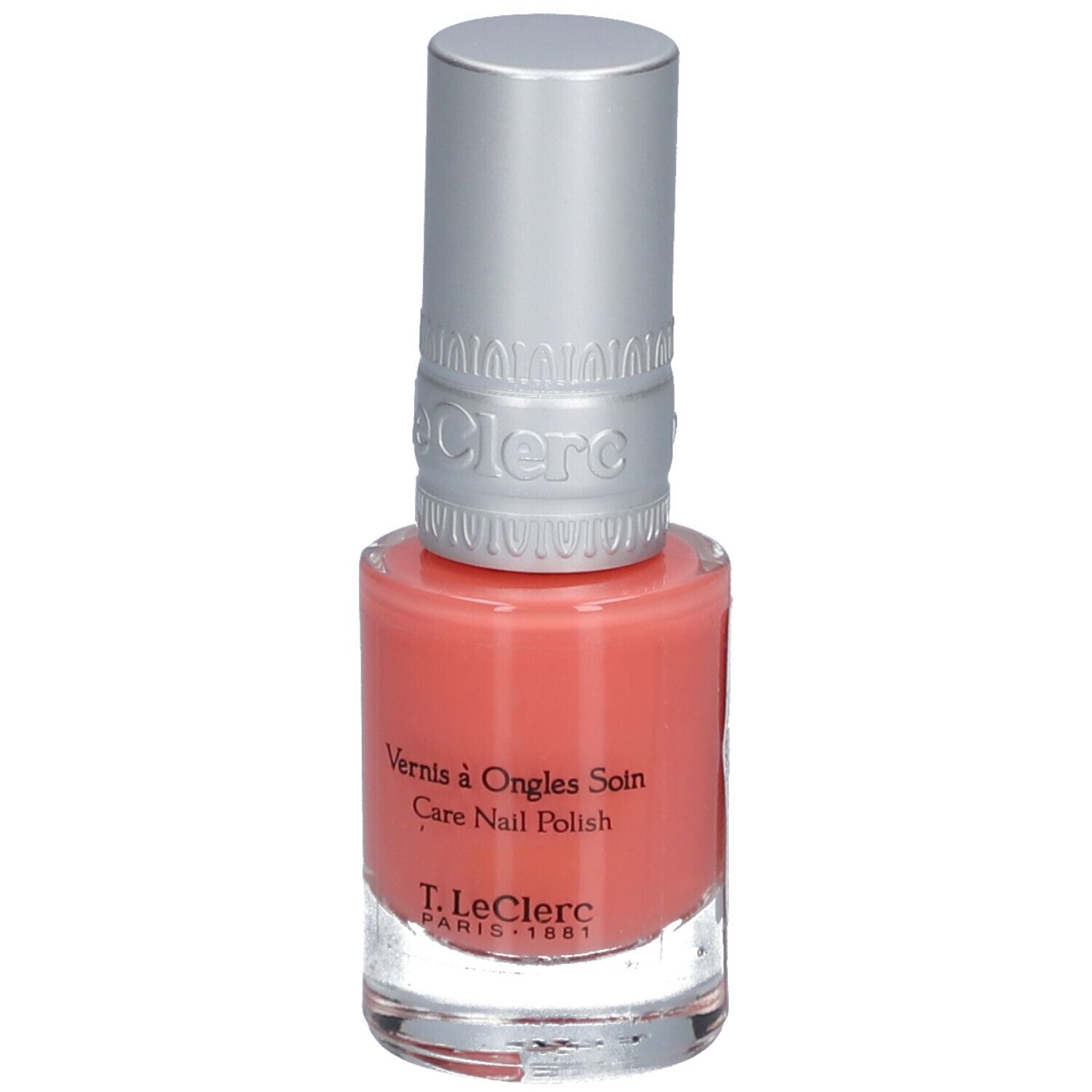 Flacon de vernis à ongles avec bouchon argenté. Inscription: Vernis à Ongles Soin, Care Nail Polish, T.LeClerc Paris 1881.