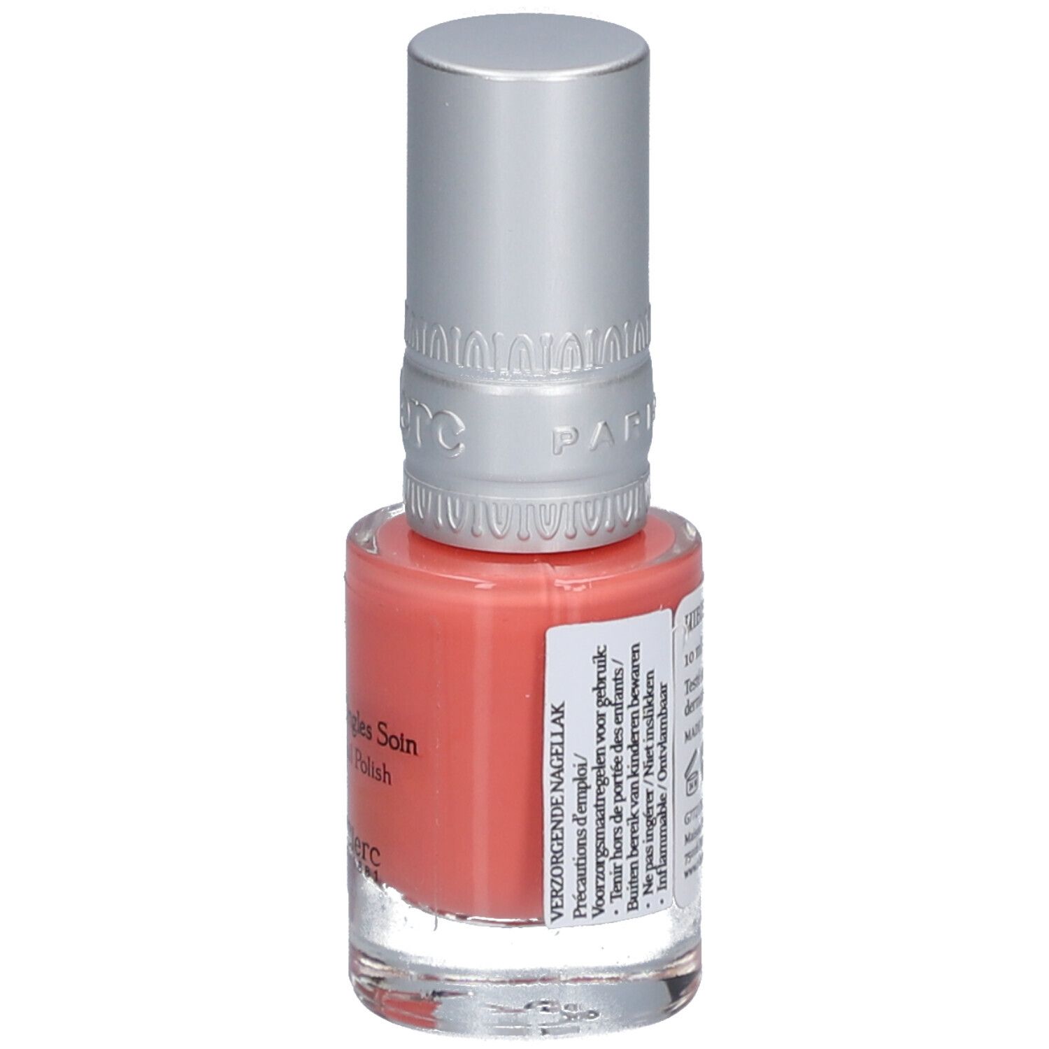 Flacon de vernis à ongles avec bouchon argenté. Inscription: Vernis à Ongles Soin, Care Nail Polish, T.LeClerc Paris 1881. Étiquette.