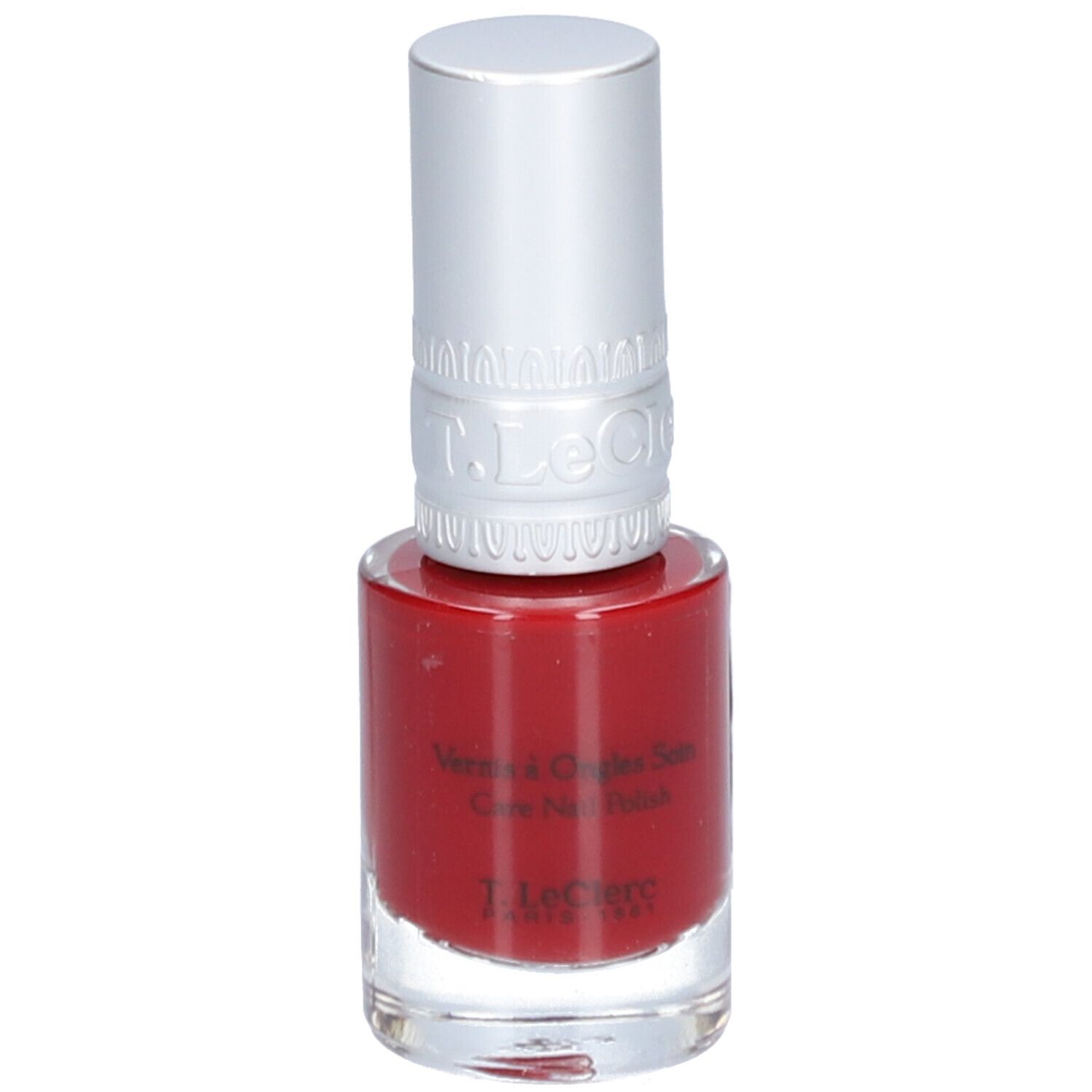Vernis à ongles rouge T.LeClerc. Flacon en verre avec bouchon argenté. Inscription: Vernis à Ongles Soin, Care Nail Polish.