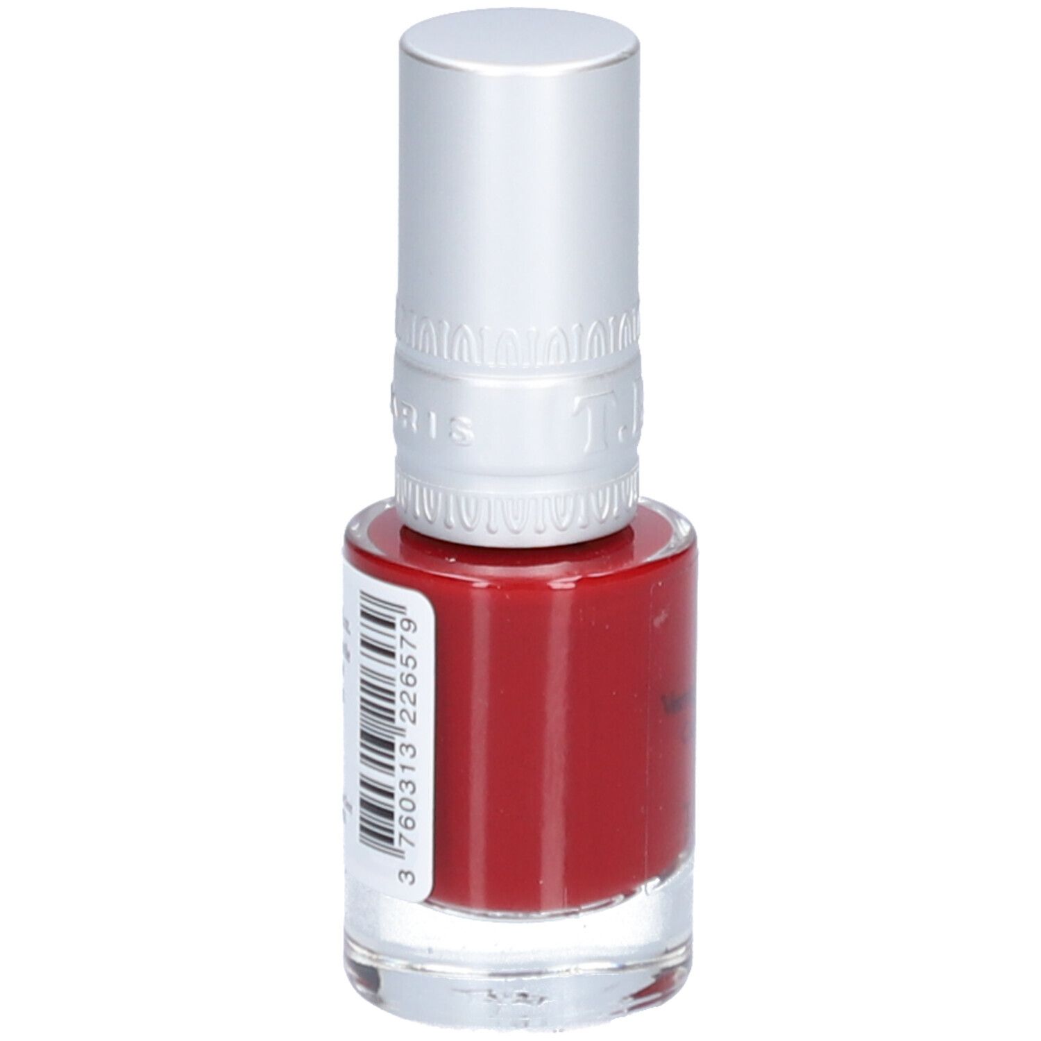 Vernis à ongles rouge T.LeClerc. Flacon avec bouchon argenté. Code-barres et texte au dos. Inscription: Vernis à Ongles Soin.