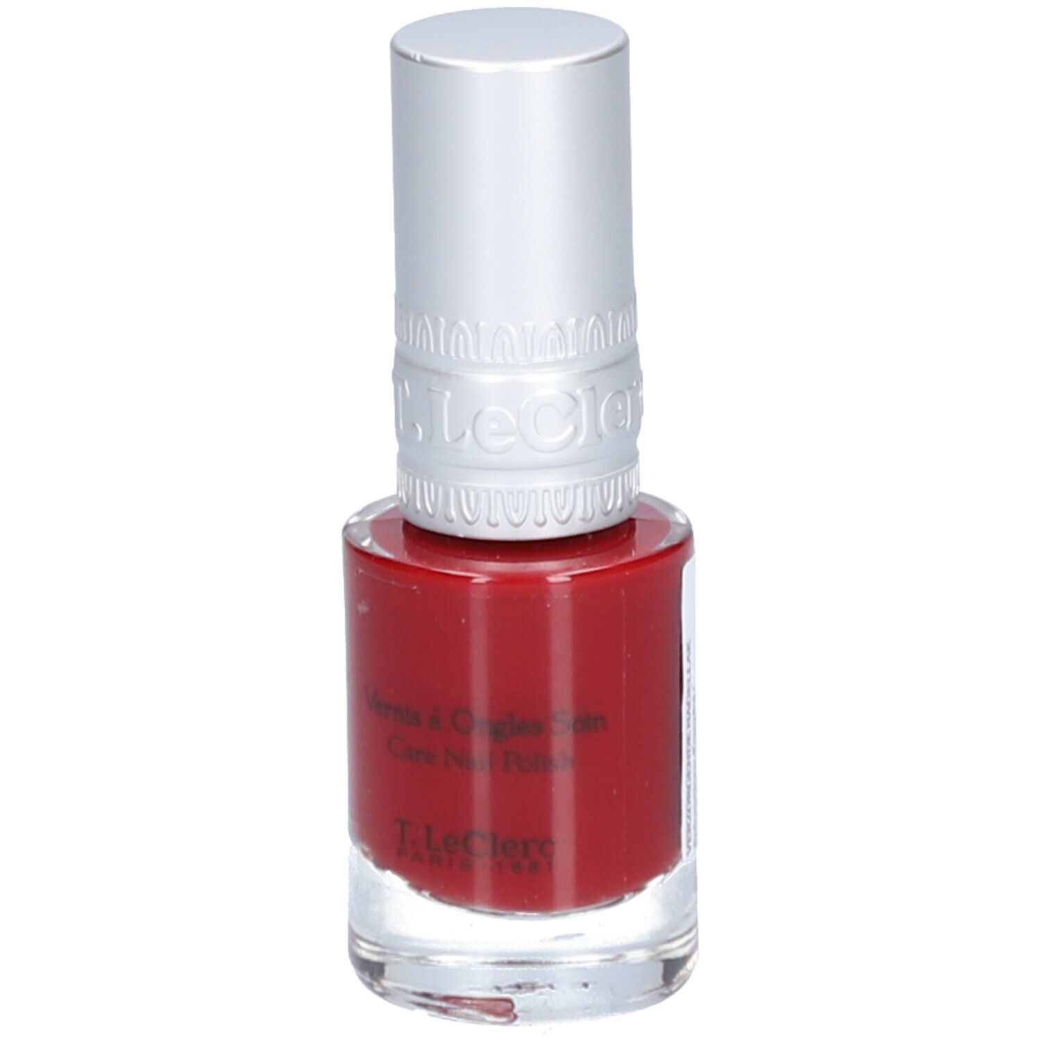 Vernis à ongles rouge T.LeClerc. Flacon en verre avec bouchon argenté. Inscription: Vernis à Ongles Soin, Care Nail Polish.