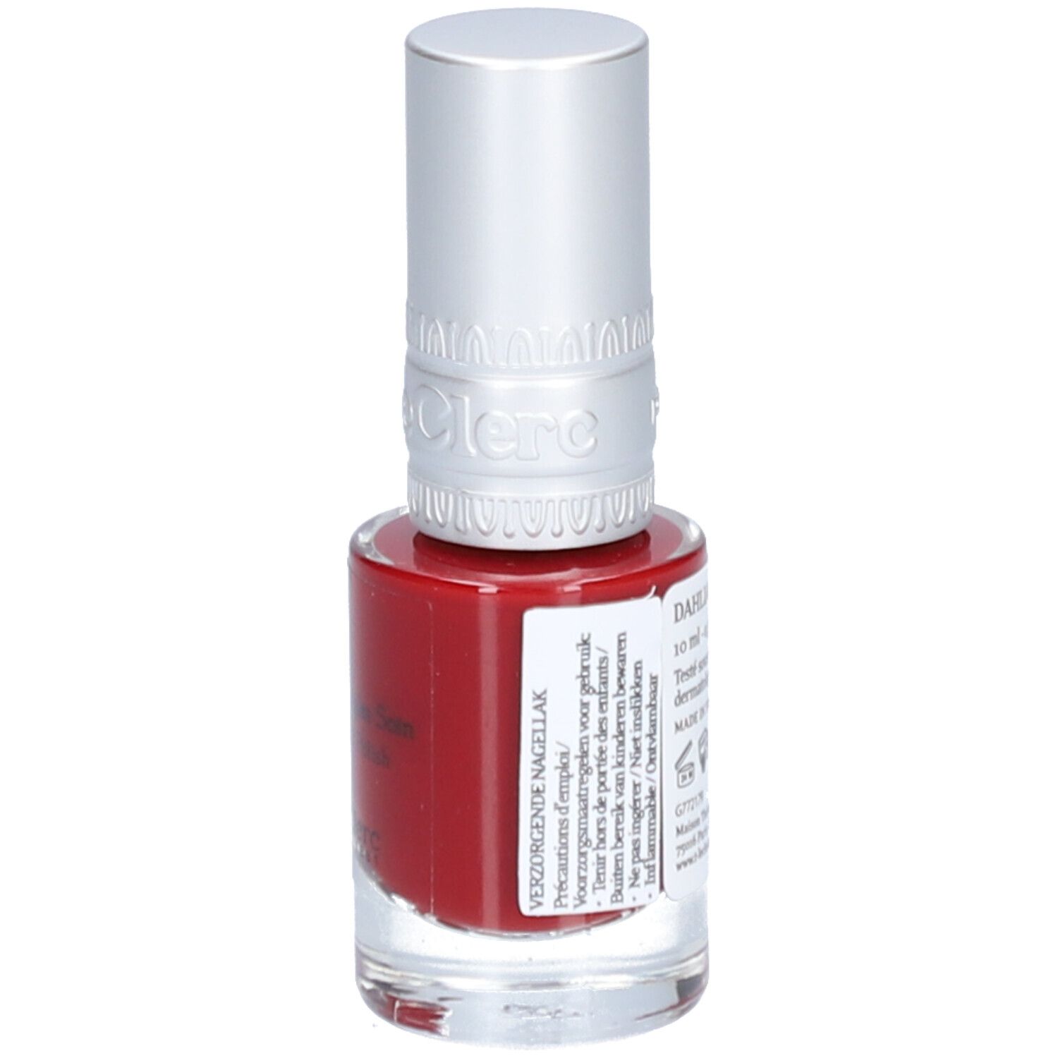 Vernis à ongles rouge T.LeClerc. Flacon avec bouchon argenté. Inscription: Verzorgende nagellak. Texte au dos.