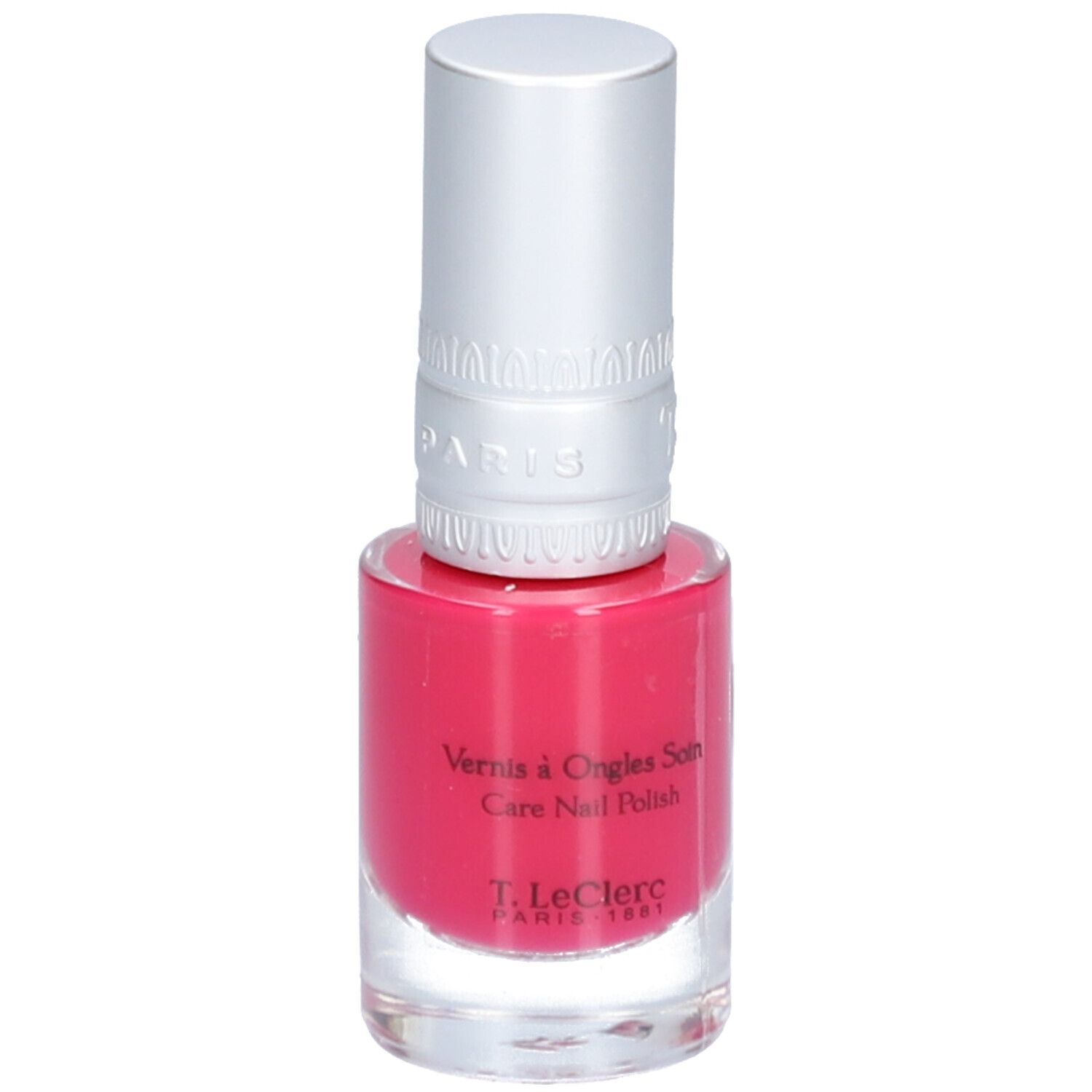 Nagellackflasche mit pinkfarbenem Inhalt und silberfarbenem Deckel. Aufschrift: Vernis à Ongles Soin, T. LeClerc Paris 1881.